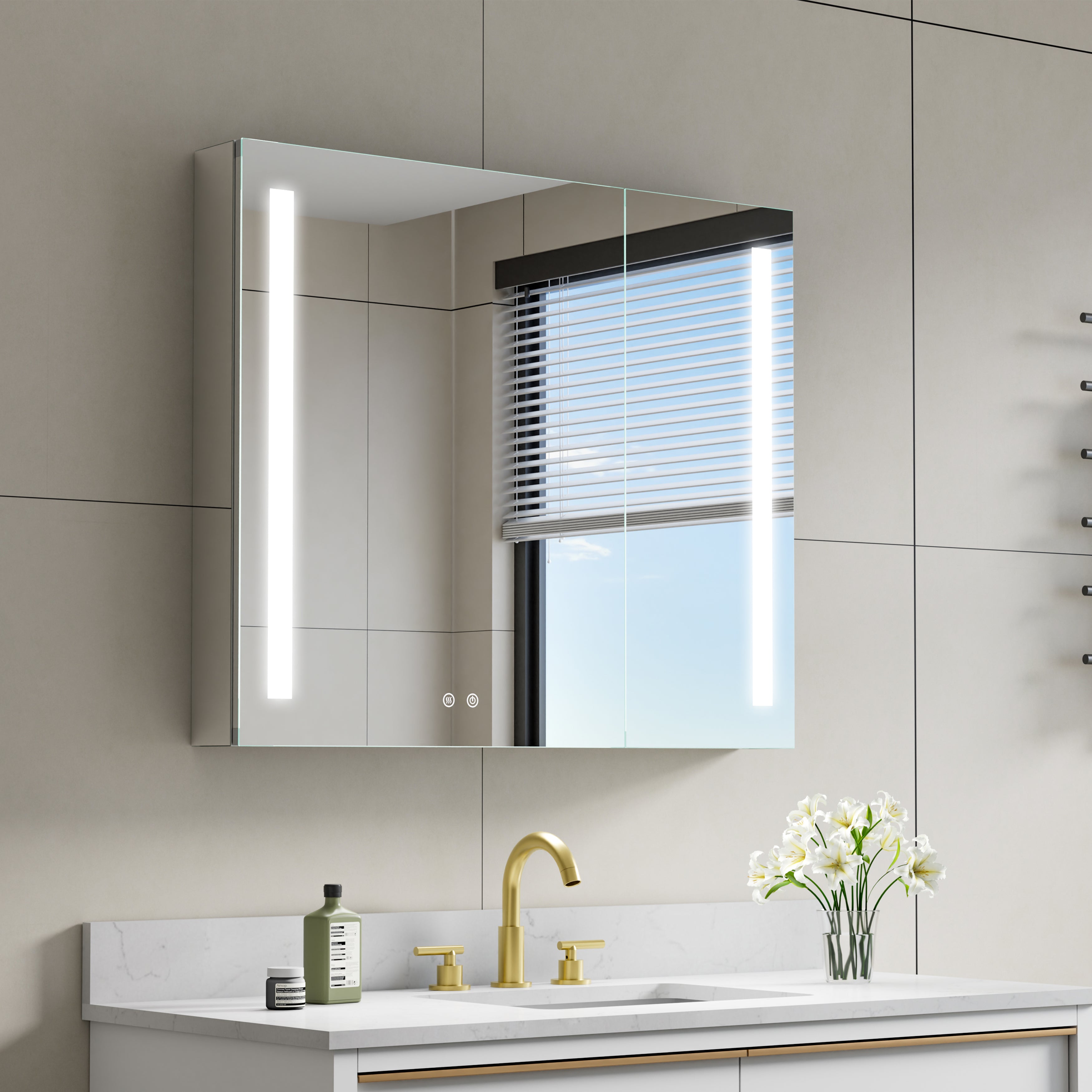 36 in. x 30 in. LED Lighted Surface/Recessed Mount Mirror Medicine Cabinet with Outlet