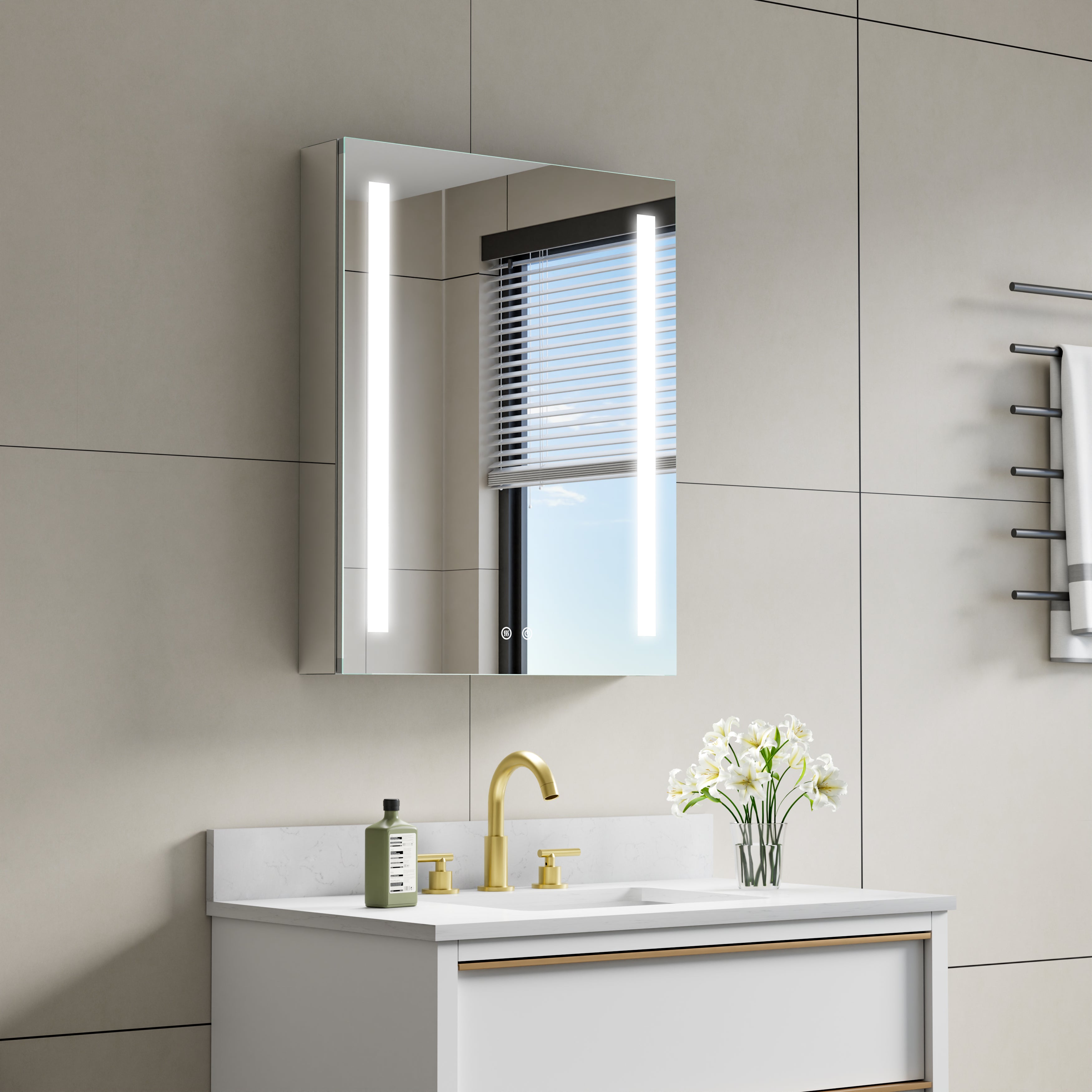 24 in. x 30 in. LED Lighted Surface/Recessed Mount Mirror Medicine Cabinet with Outlet Right Side
