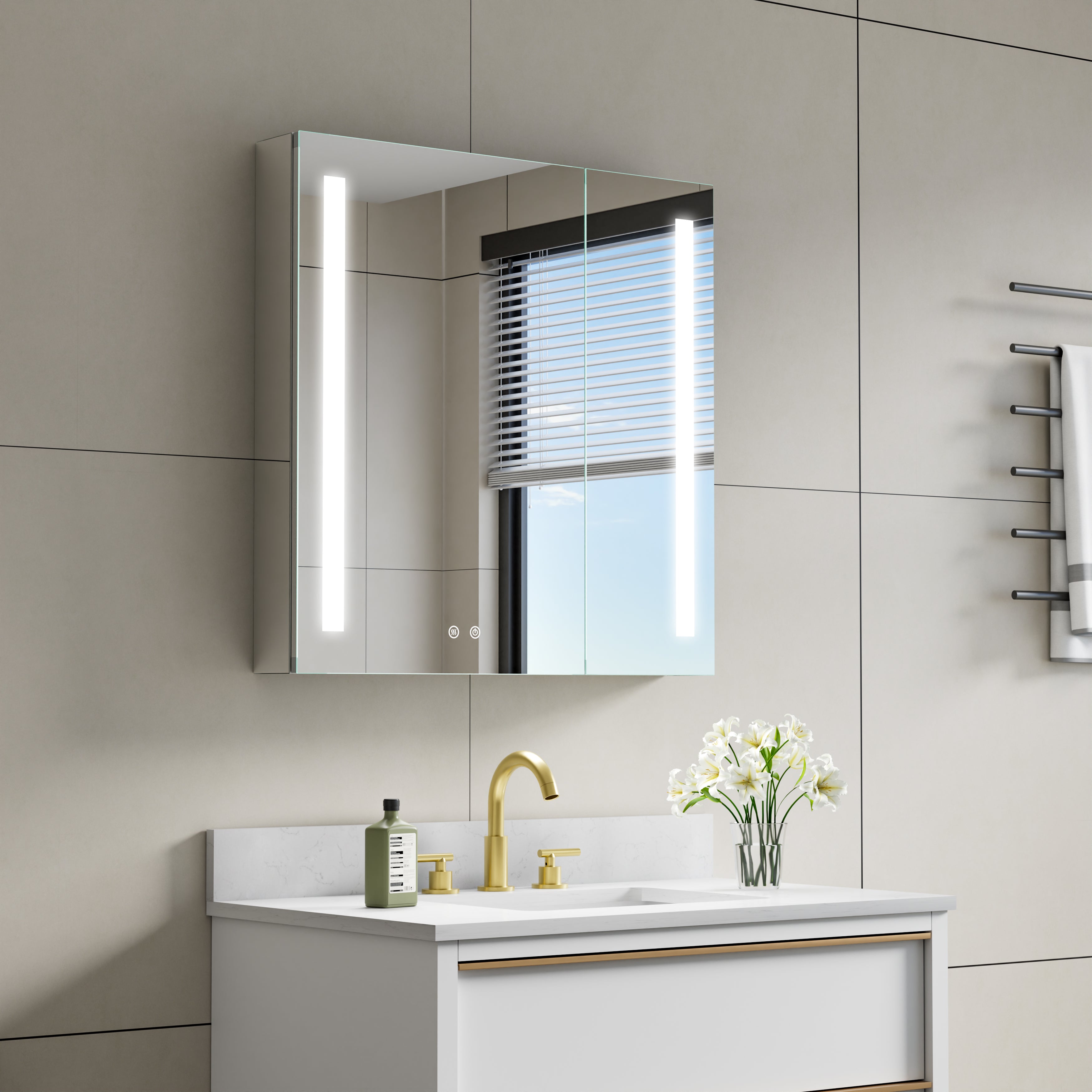 30 in. x 30 in. LED Lighted Surface/Recessed Mount Mirror Medicine Cabinet with Outlet
