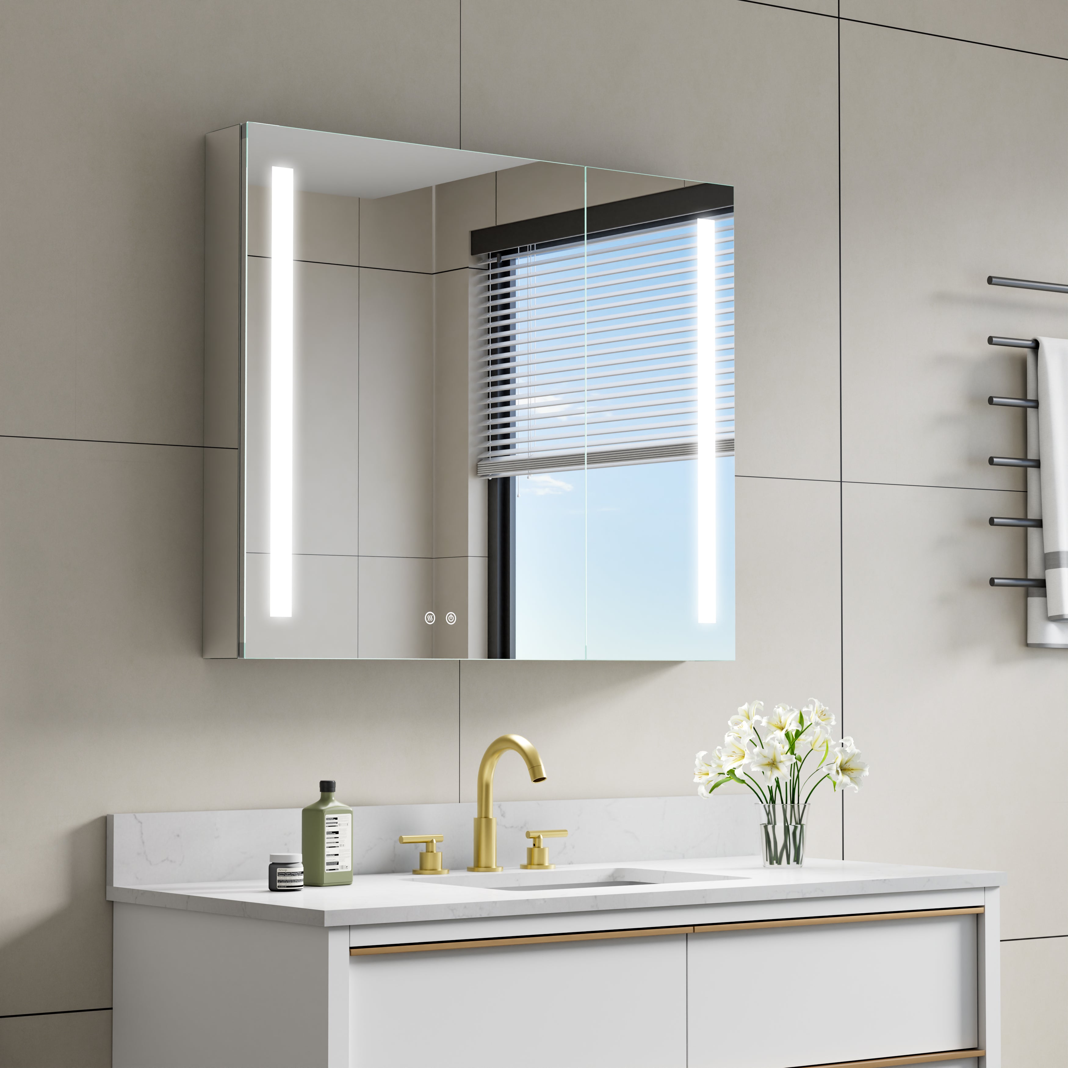 36 in. x 30 in. LED Lighted Surface/Recessed Mount Mirror Medicine Cabinet with Outlet