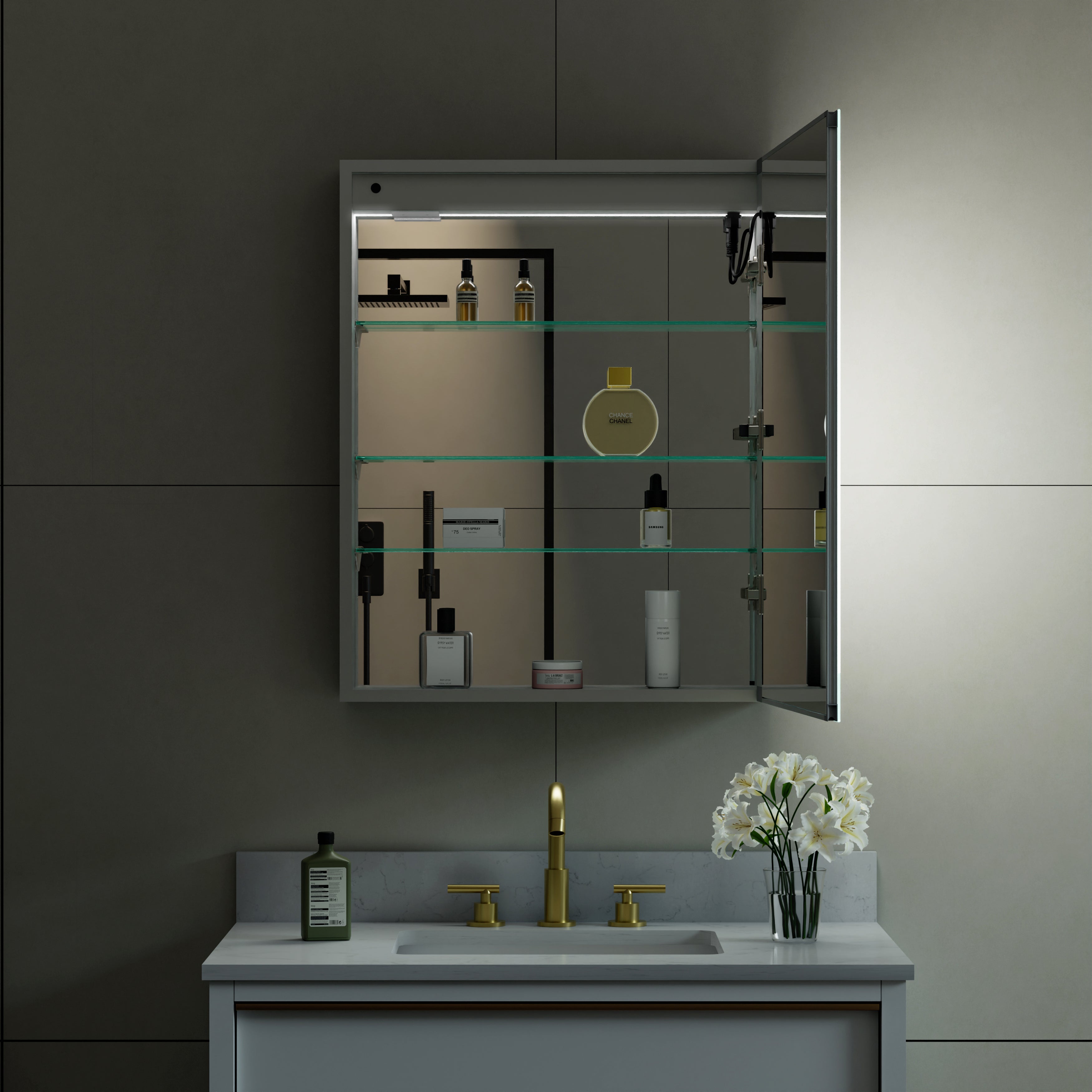 24 in. x 30 in. LED Lighted Surface/Recessed Mount Mirror Medicine Cabinet with Outlet Right Side
