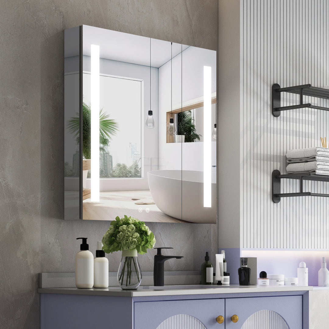 30" x 30" Lighted LED Surface/Recessed Mount Aluminum Mirrored Medicine Cabinet Anti-Fog Dimmable with Outlet