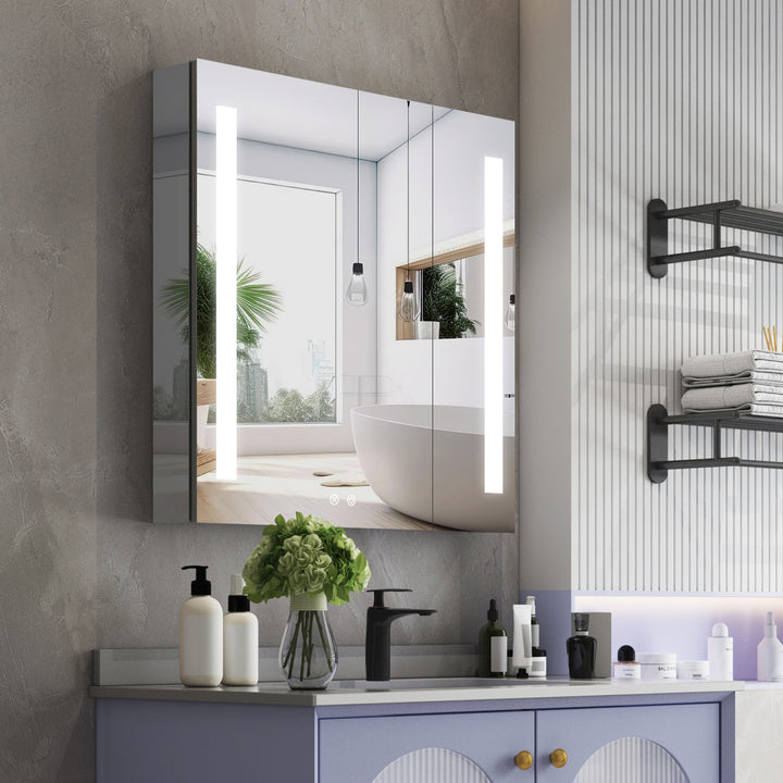 30" x 30" Lighted LED Surface/Recessed Mount Aluminum Mirrored Medicine Cabinet Anti-Fog Dimmable with Outlet