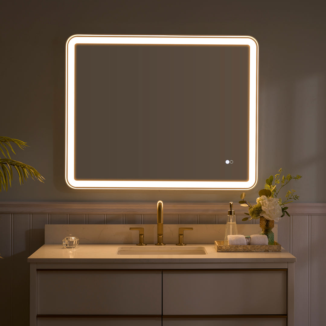 40 in. W x 32 in. H Framed Round Shaped Corners LED Light Bathroom Vanity Mirror in White