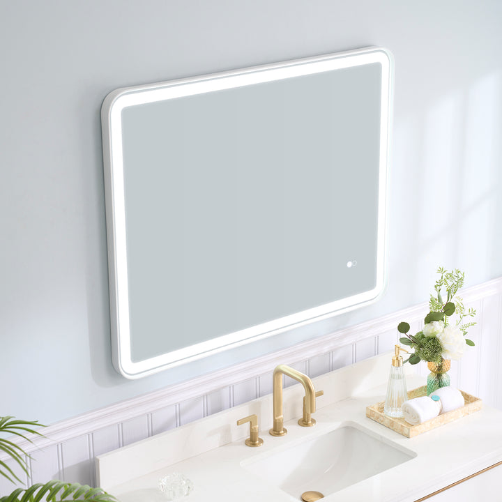 40 in. W x 32 in. H Framed Round Shaped Corners LED Light Bathroom Vanity Mirror in White