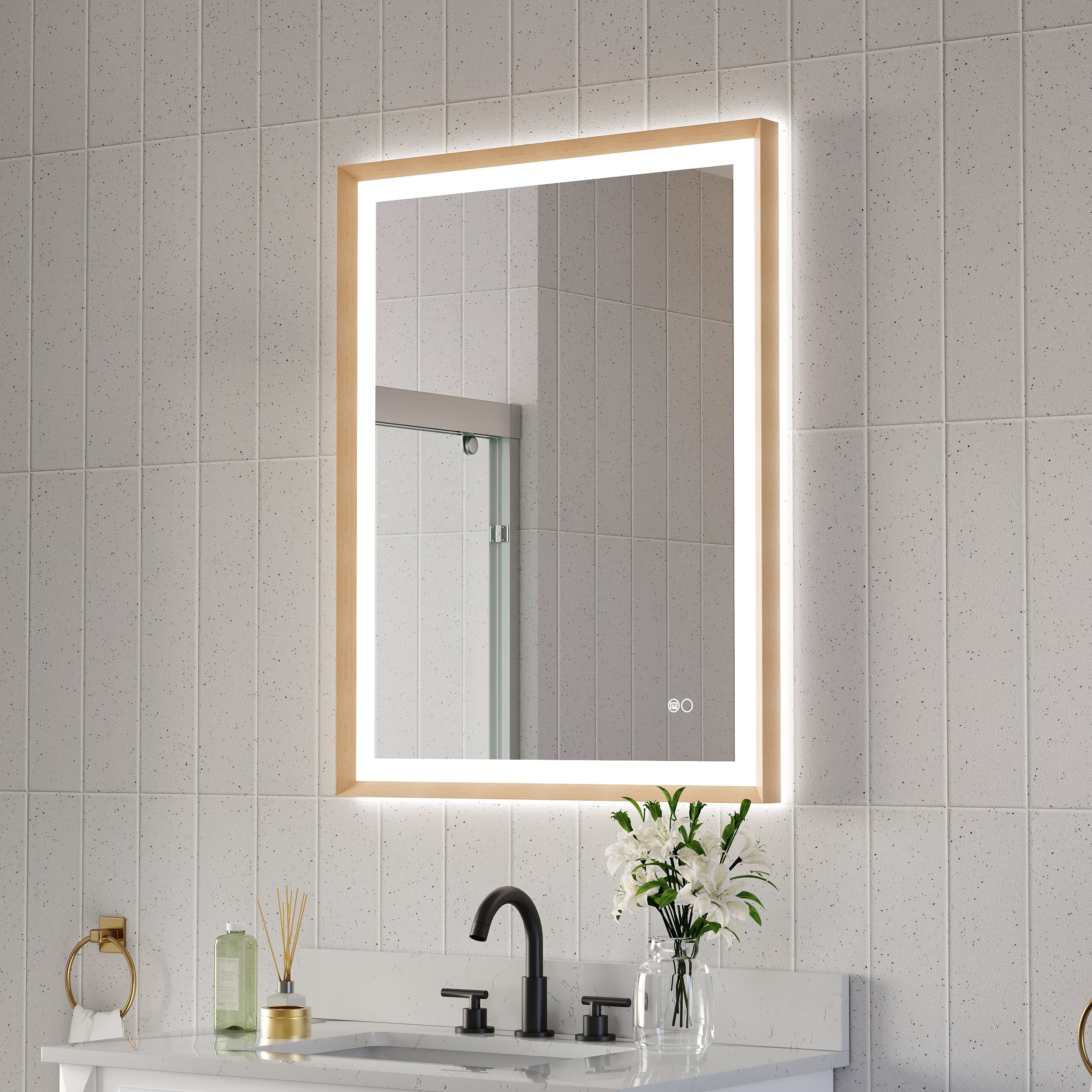 28 in. W x 36 in. H Aluminum Framed Front and Back LED Light Bathroom Vanity Mirror in Brushed Gold