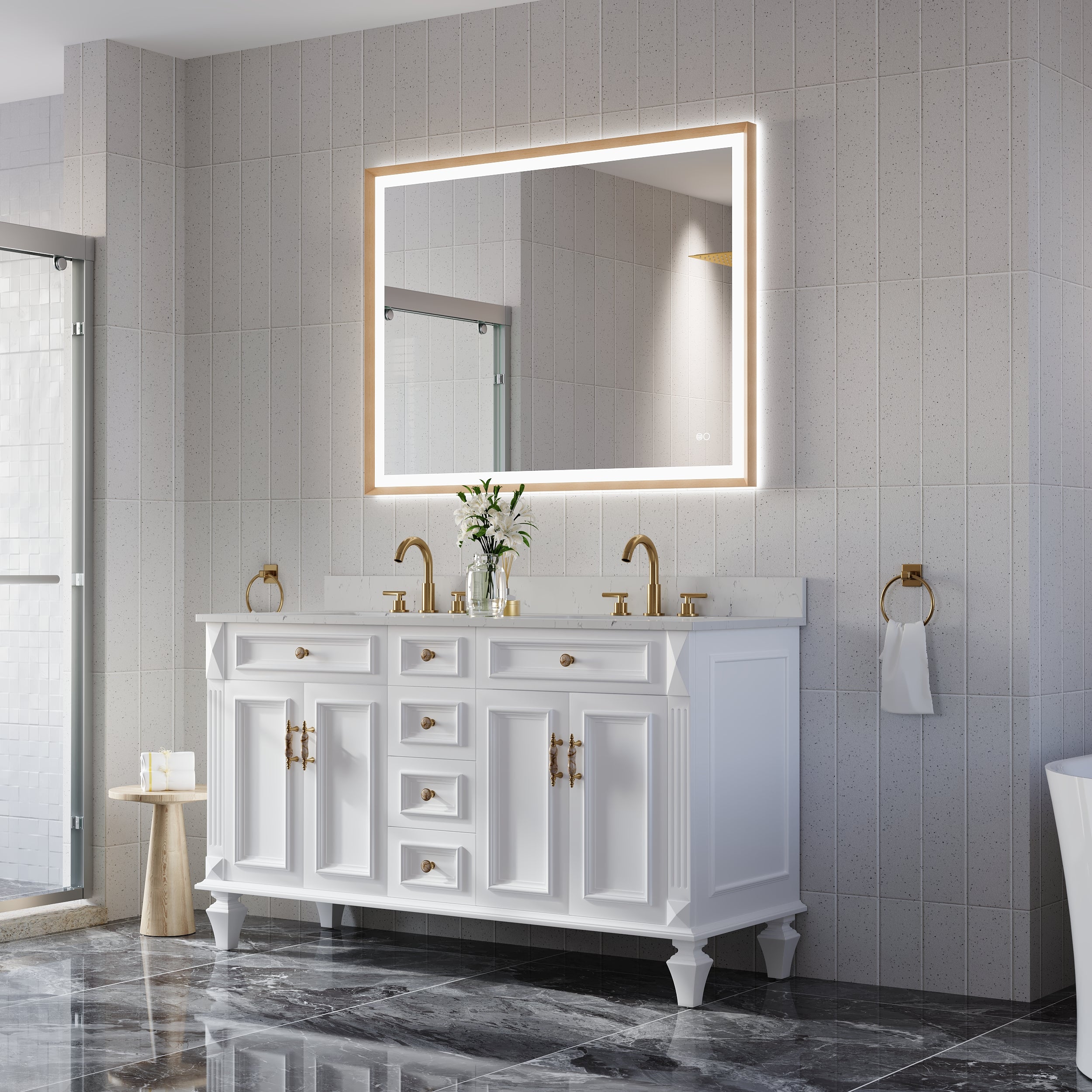 48 in. W x 36 in. H Aluminum Framed Front and Back LED Light Bathroom Vanity Mirror in Brushed Gold