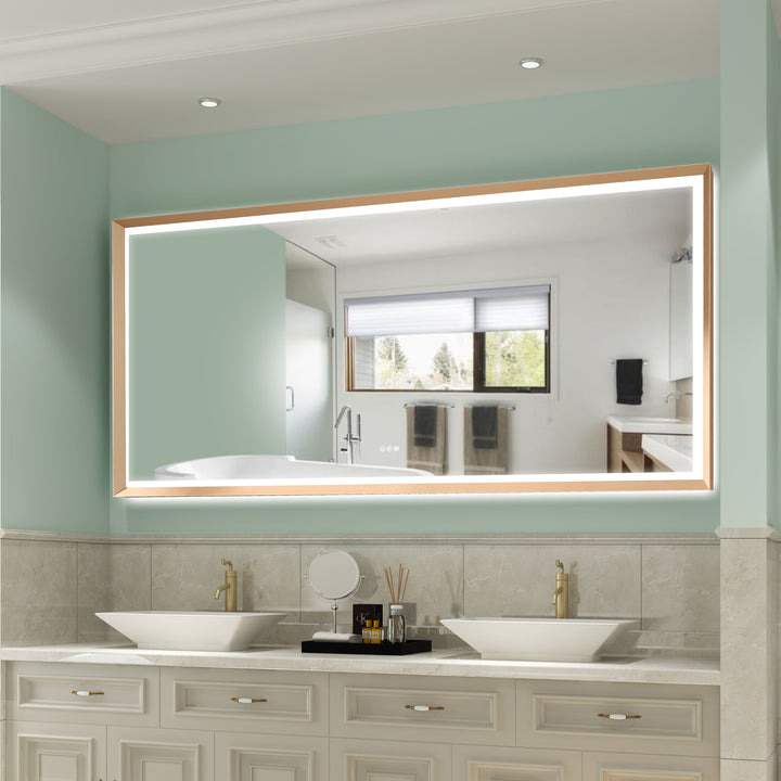 84 in. W x 40 in. H Large Rectangular Framed LED Light Anti-Fog Wall Bathroom Vanity Mirror in Brushed Gold