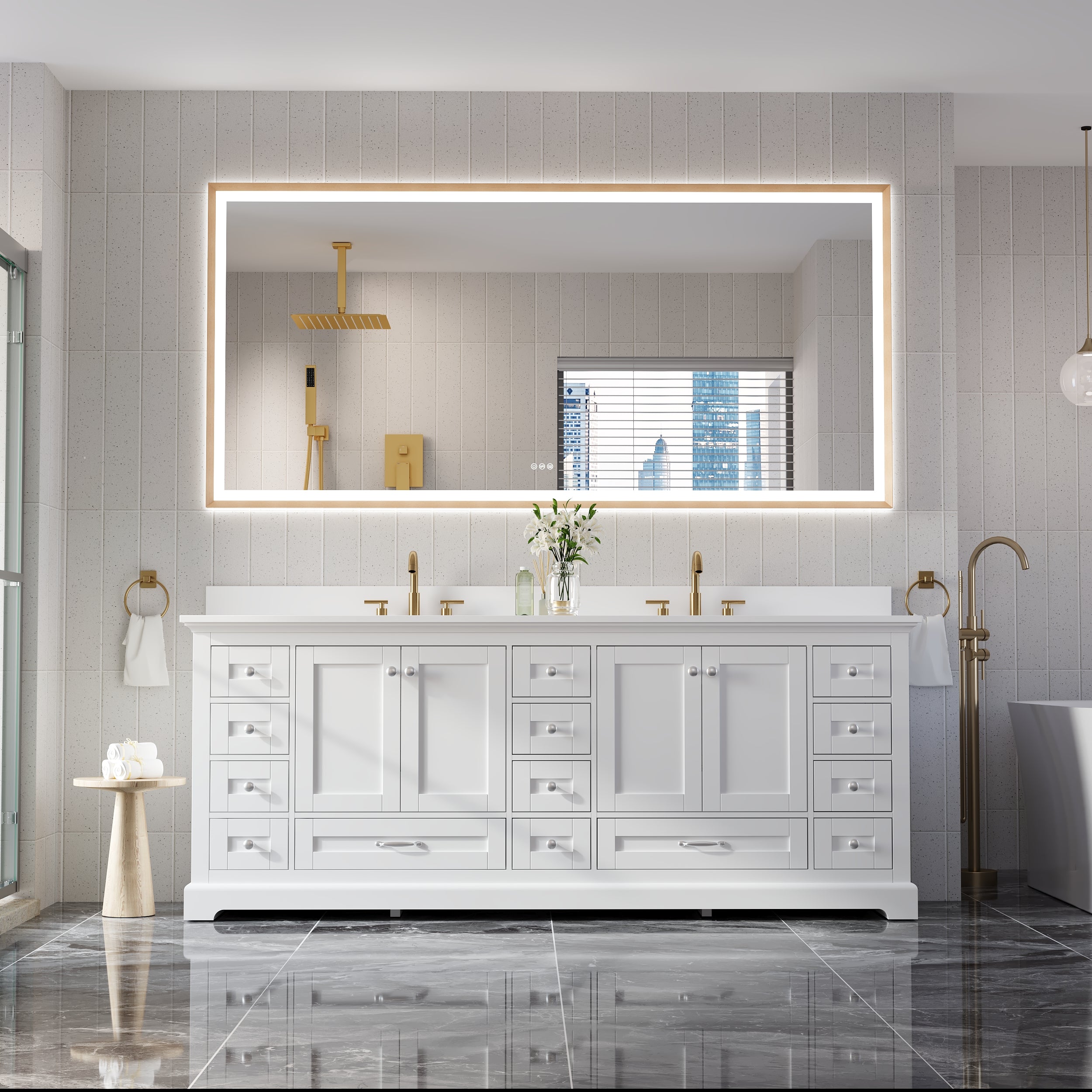 84 in. W x 40 in. H Large Rectangular Framed LED Light Mirror Anti-Fog Wall Bathroom Vanity Mirror in Brushed Gold