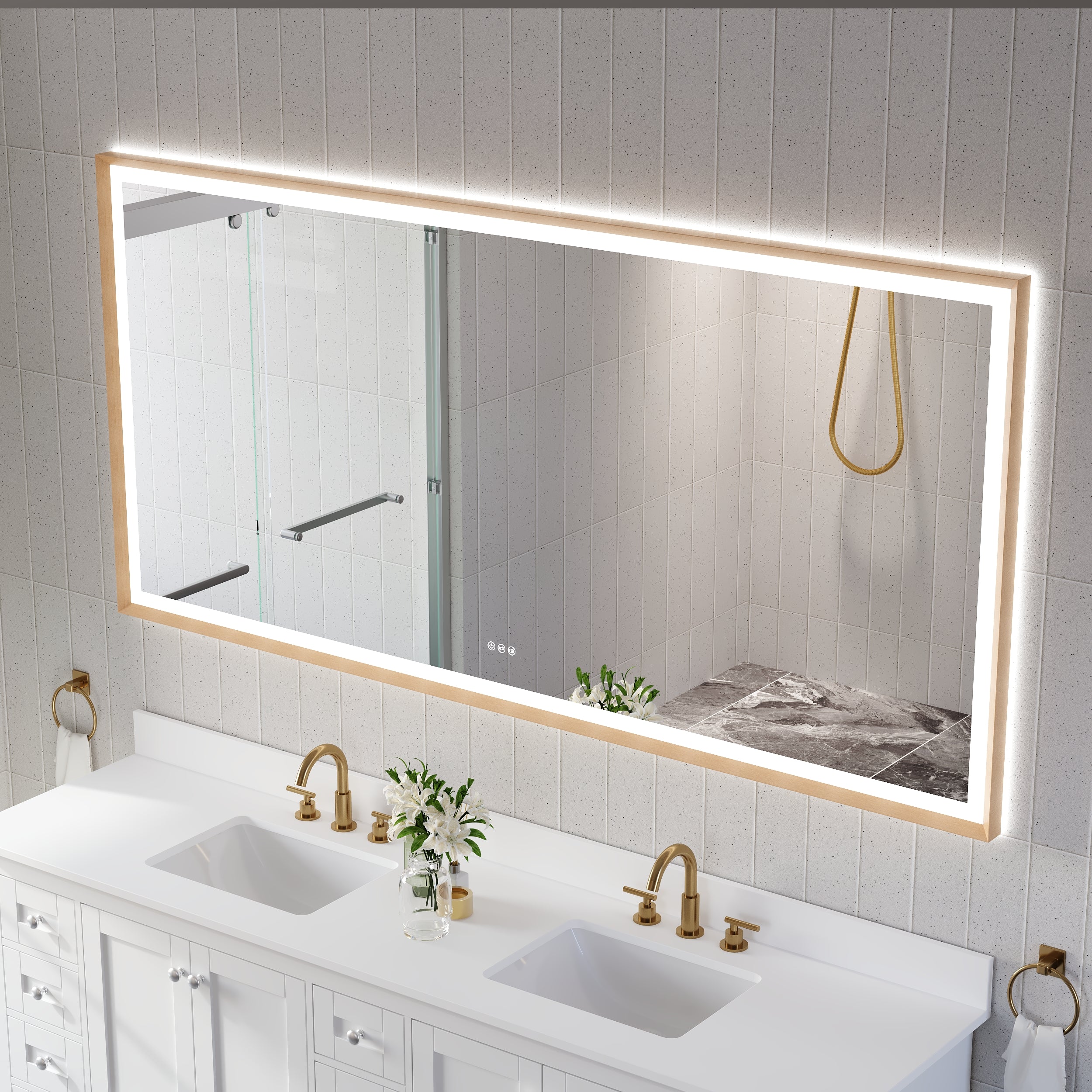 84 in. W x 40 in. H Large Rectangular Framed LED Light Mirror Anti-Fog Wall Bathroom Vanity Mirror in Brushed Gold
