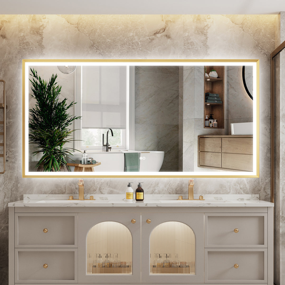 84 in. W x 40 in. H Large Rectangular Framed LED Light Anti-Fog Wall Bathroom Vanity Mirror in Brushed Gold