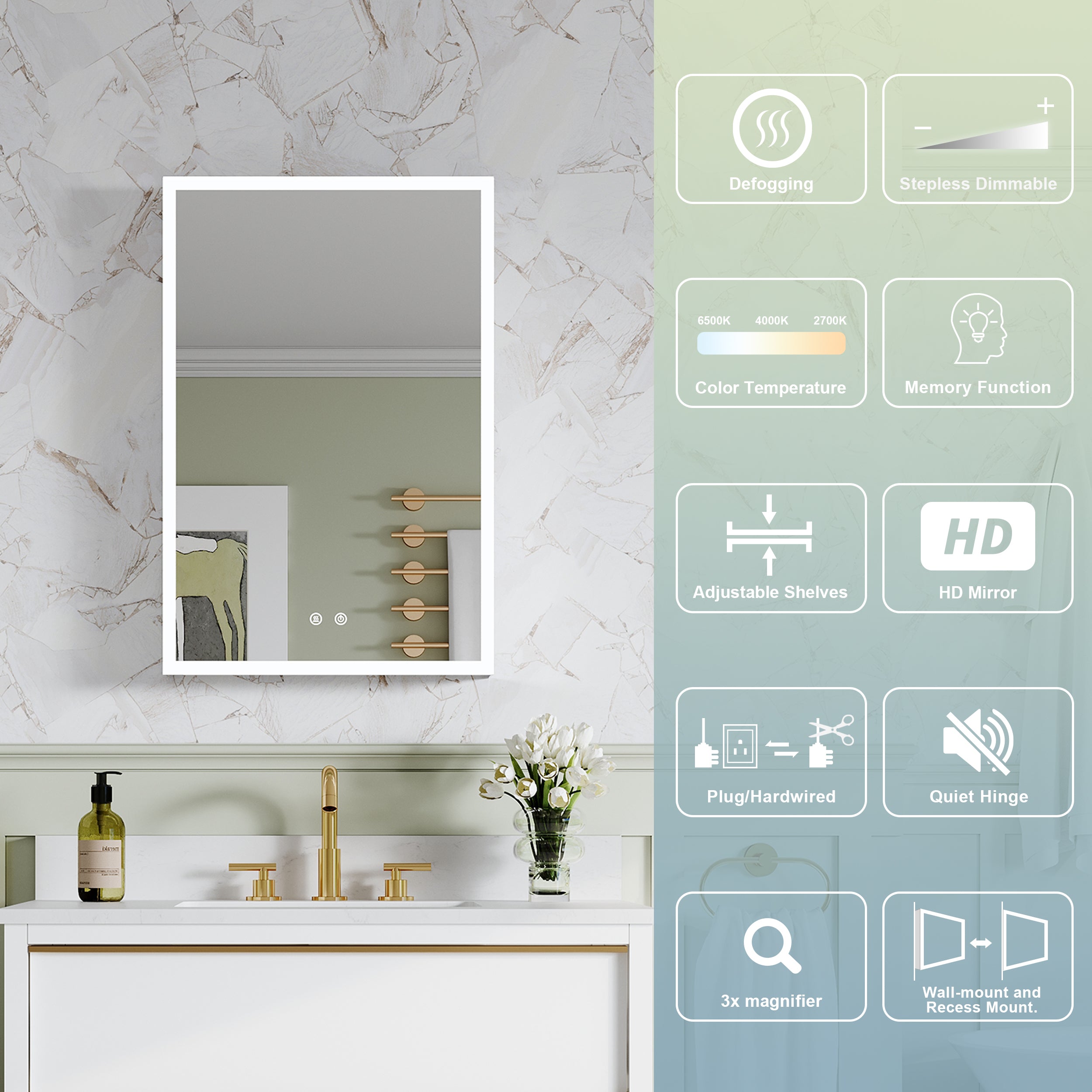 20 in. x 30 in. Rectangular Recessed/Surface Mount Left Medicine Cabinet with 3x Magnifier Mirror and LED Light