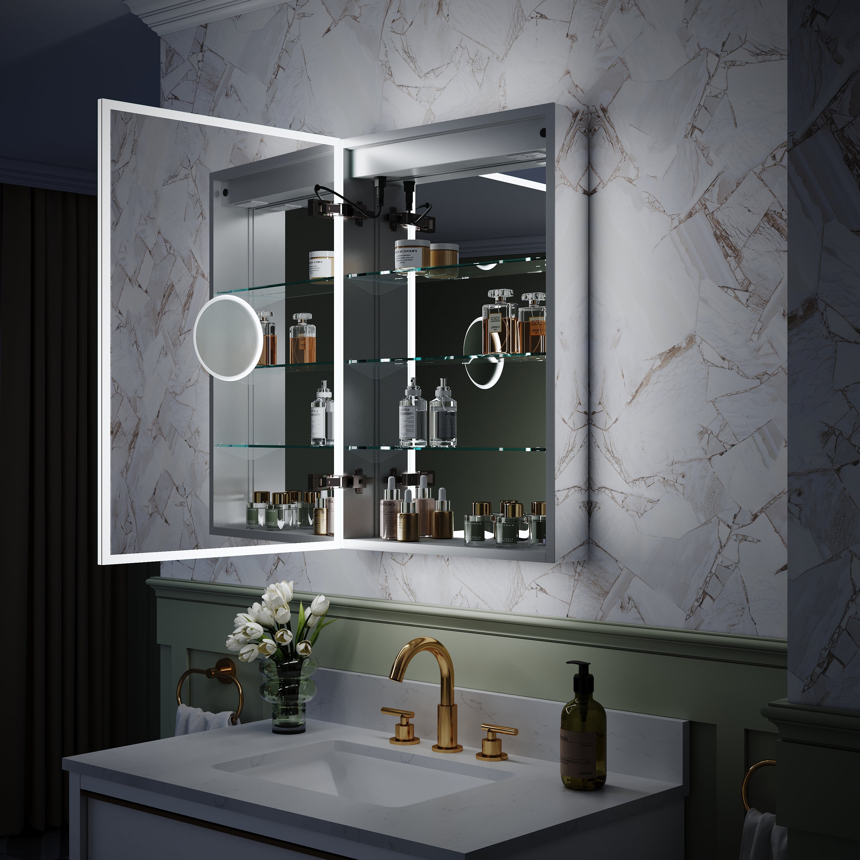 20 in. x 30 in. Rectangular Recessed/Surface Mount Left Medicine Cabinet with 3x Magnifier Mirror and LED Light