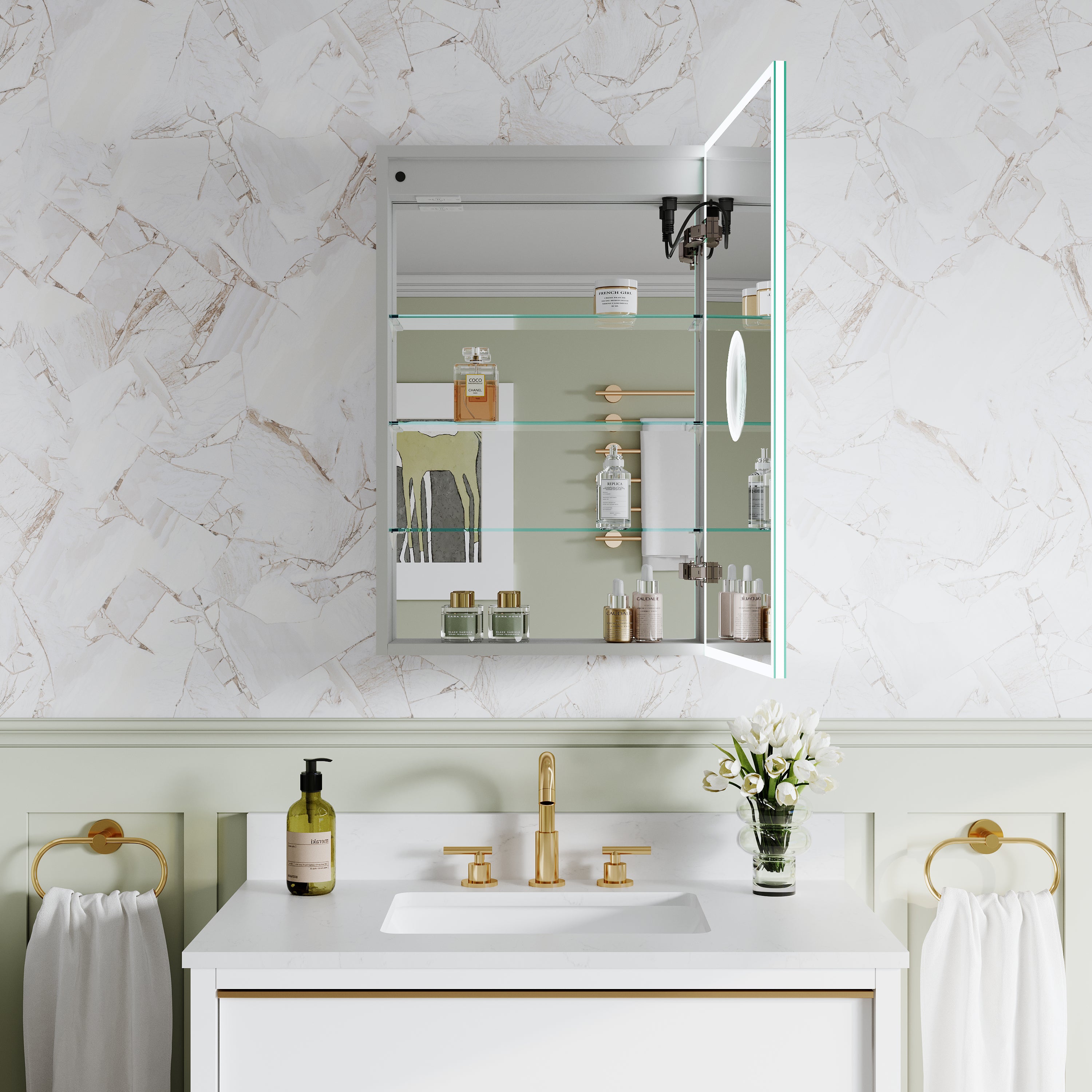20 in. x 30 in. Rectangular Recessed/Surface Mount Right Medicine Cabinet with Mirror and LED Light
