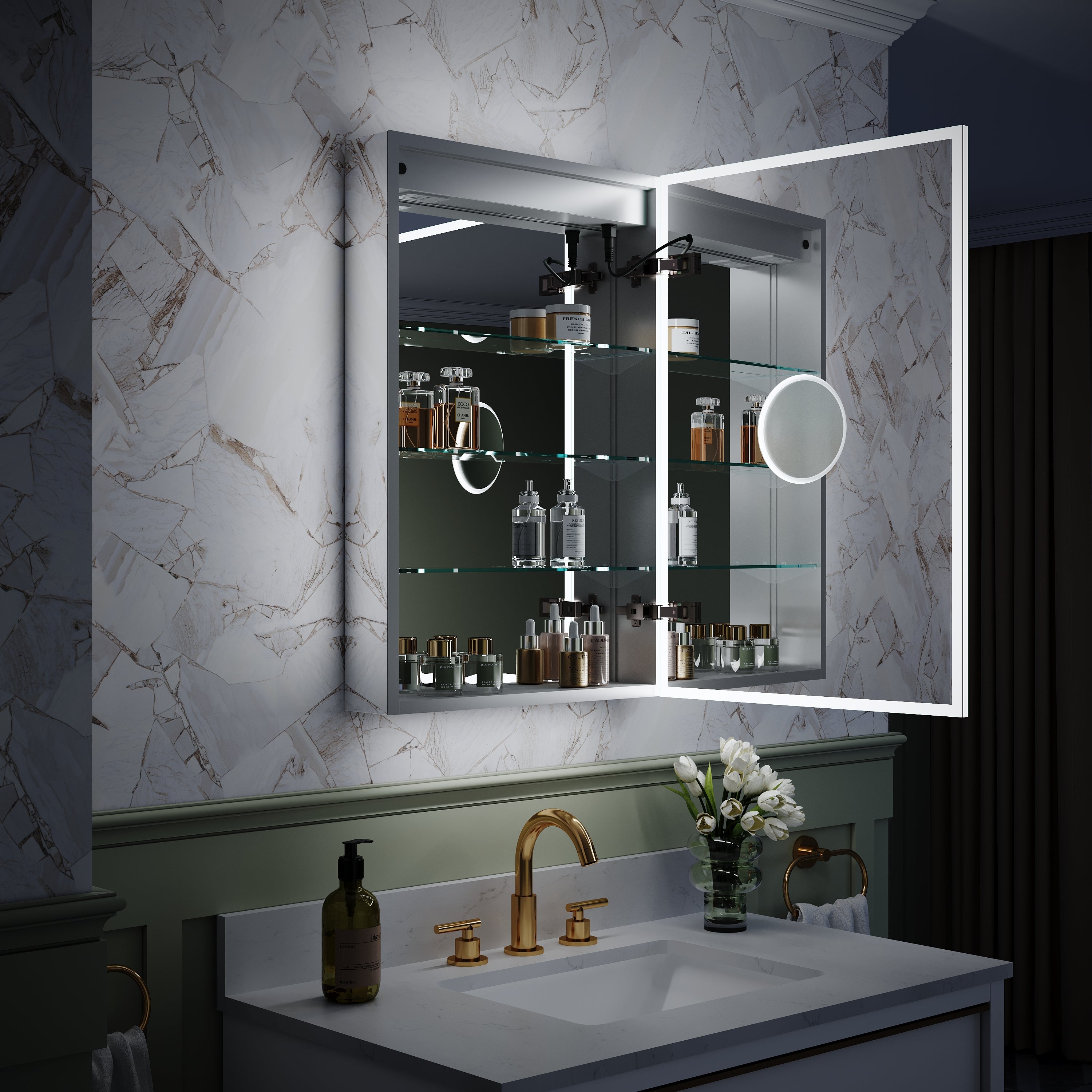 20 in. x 30 in. Rectangular Recessed/Surface Mount Right Medicine Cabinet with Mirror and LED Light