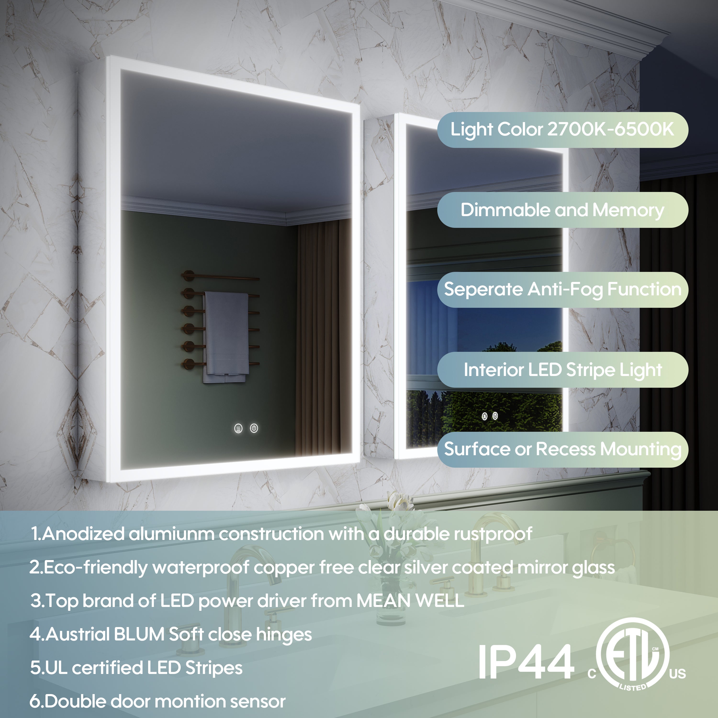 2-Pack 24" x 30" LED Medicine Cabinet with Mirror, Recessed or Surface Mount, Left/Right Hinge, Rectangular