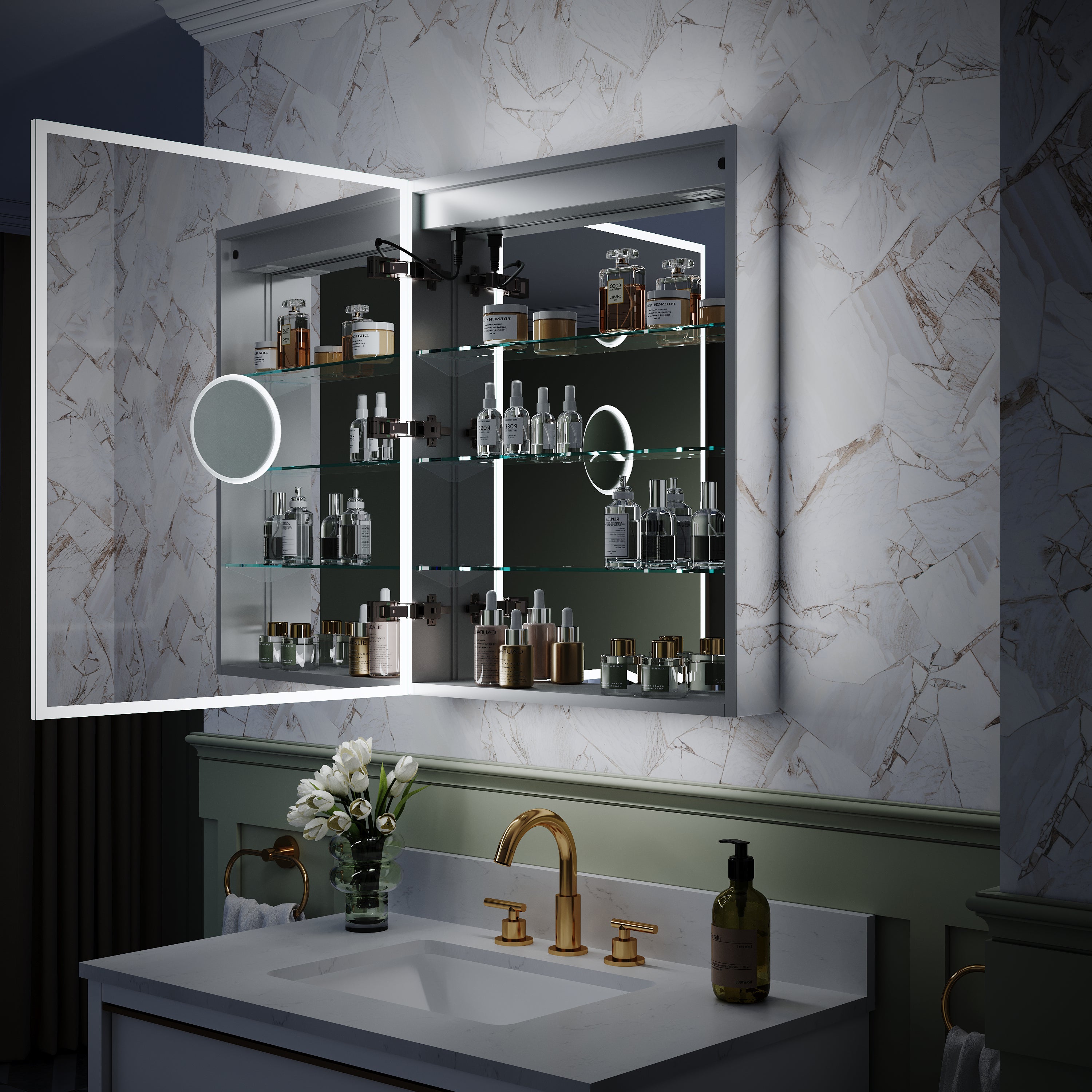 24 in. x 30 in. Rectangular Recessed/Surface Mount Left Medicine Cabinet with Mirror and LED Light