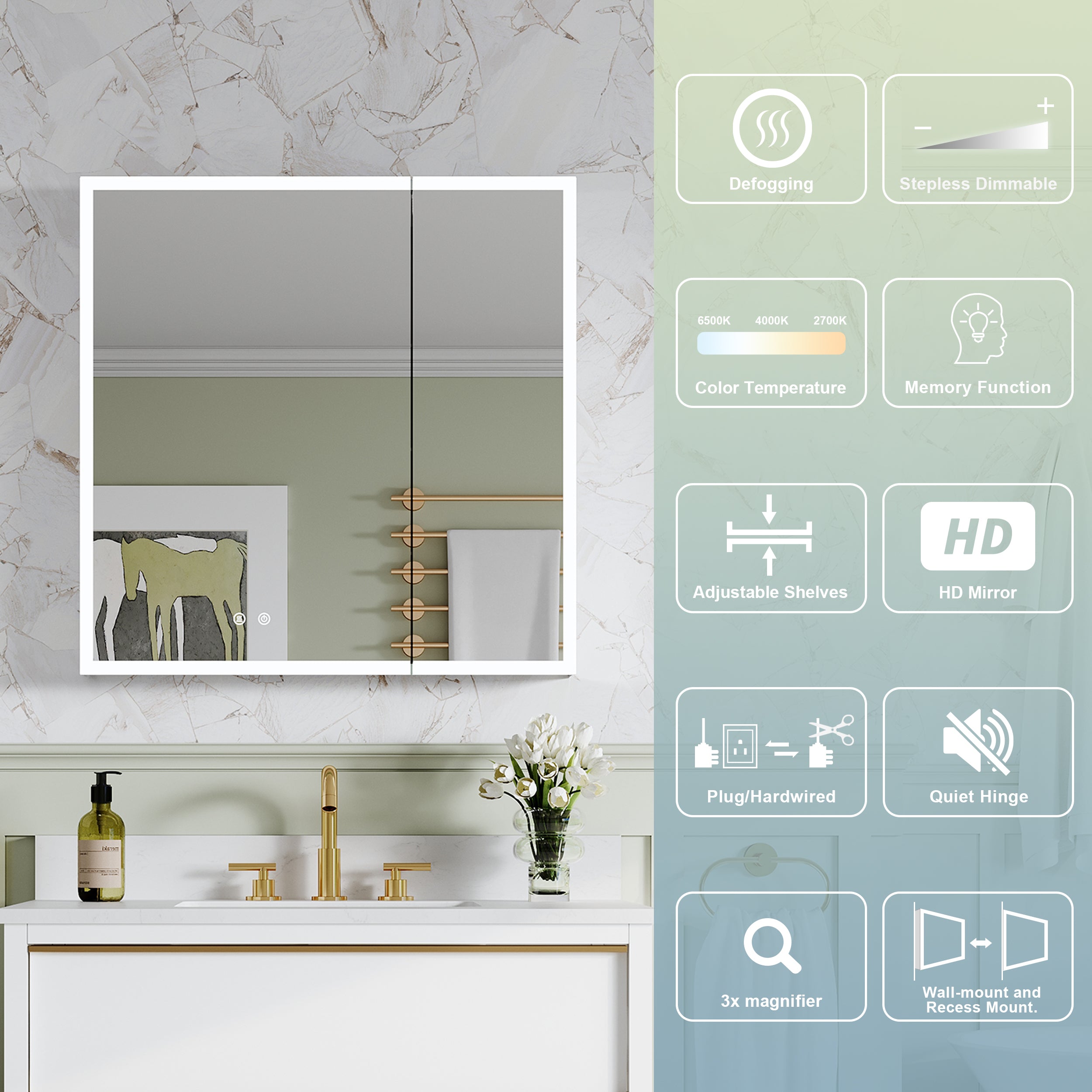 30 in. x 30 in. Rectangular Recessed/Surface Mount Medicine Cabinet with 3x Magnifier Mirror and LED Light