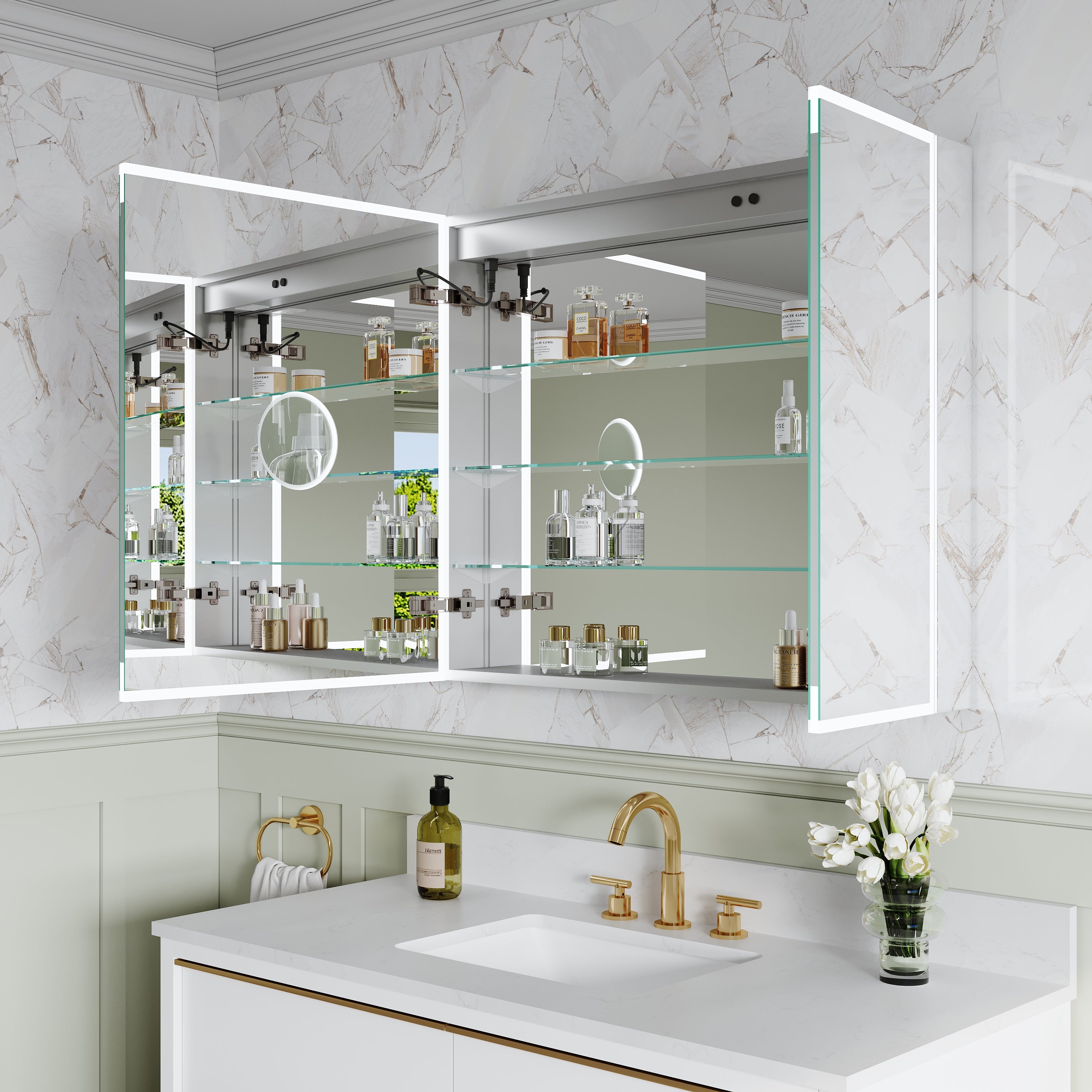 36 x 30 Inch LED Lighted Medicine Cabinet with 3x Magnifier Mirror, Recessed/Surface Mount