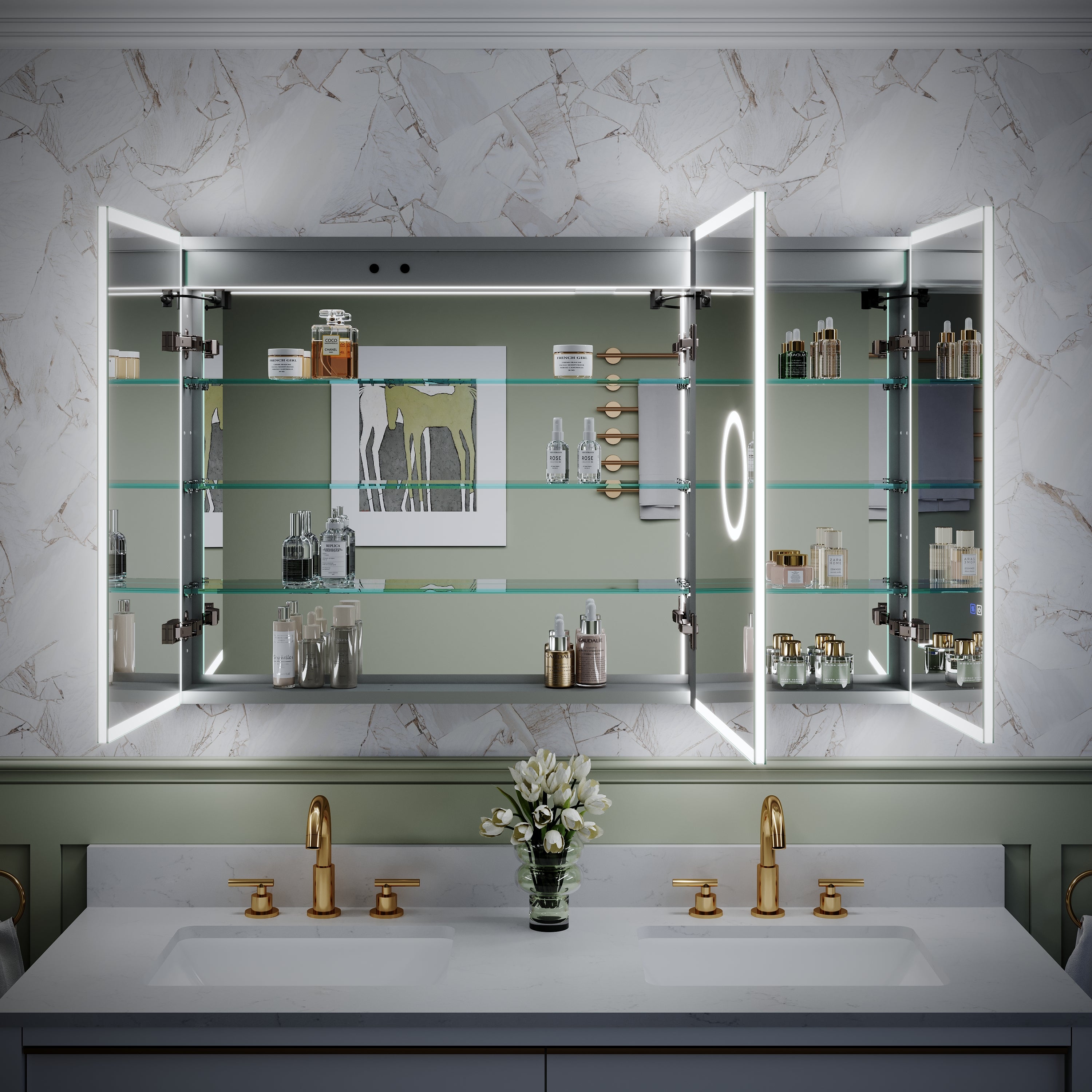 48 in. x 30 in. Rectangular Recessed/Surface Mount Medicine Cabinet with Mirror and LED Light