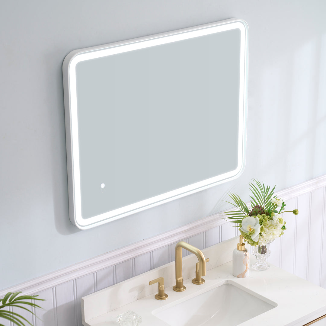 28 in. W x 36 in. H Framed Round Shaped Corners LED Light Bathroom Vanity Mirror in White