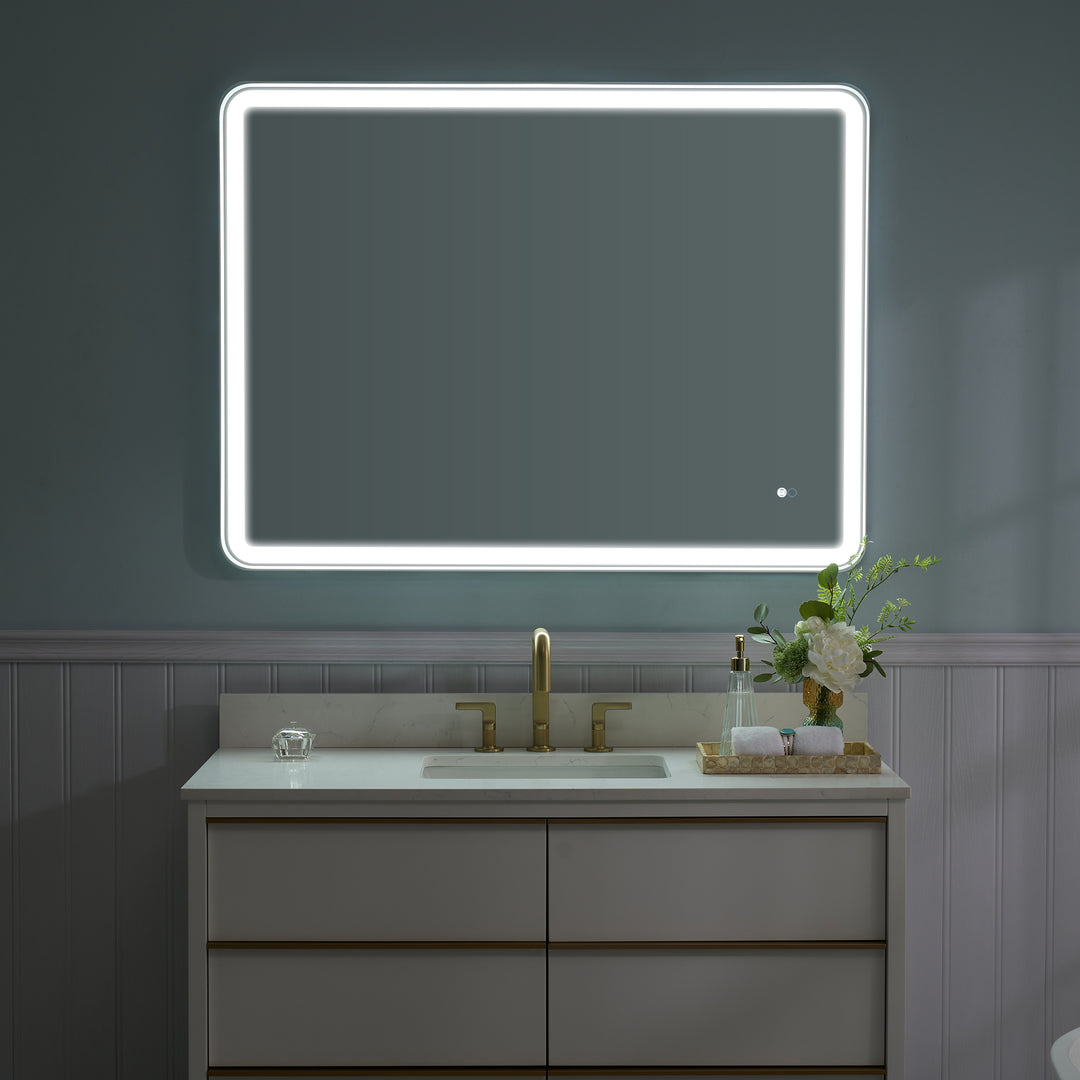 48 in. W x 36 in. H Framed Round Shaped Corners LED Light Bathroom Vanity Mirror in White