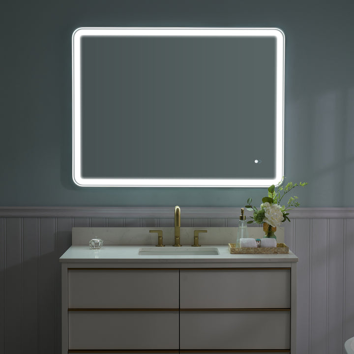 48 in. W x 36 in. H Framed Round Shaped Corners LED Light Bathroom Vanity Mirror in White