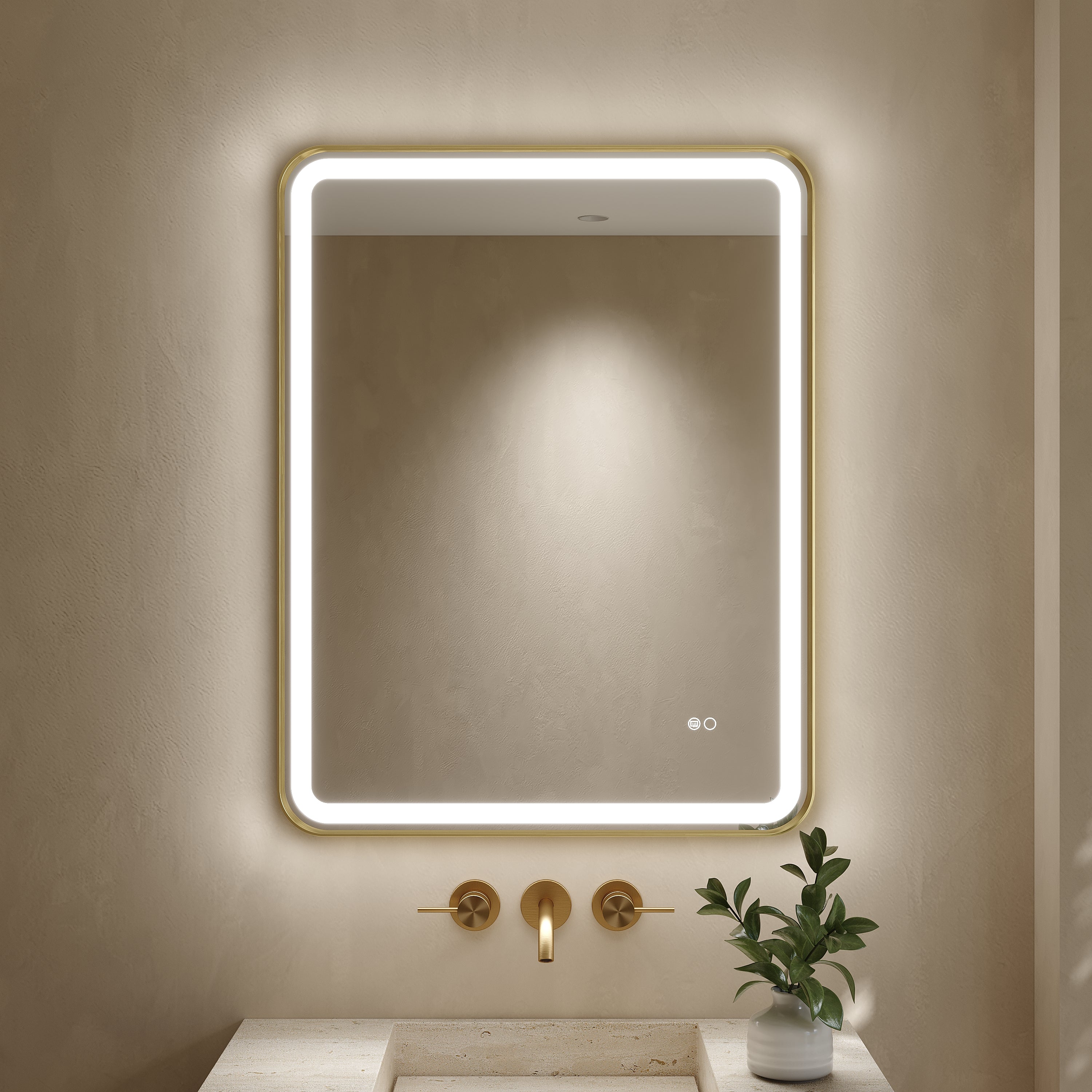 24 in. x 32 in. Framed LED Bathroom Mirror in Brushed Gold with Rounded Corners, Dimmable Lighted, Anti-Fog