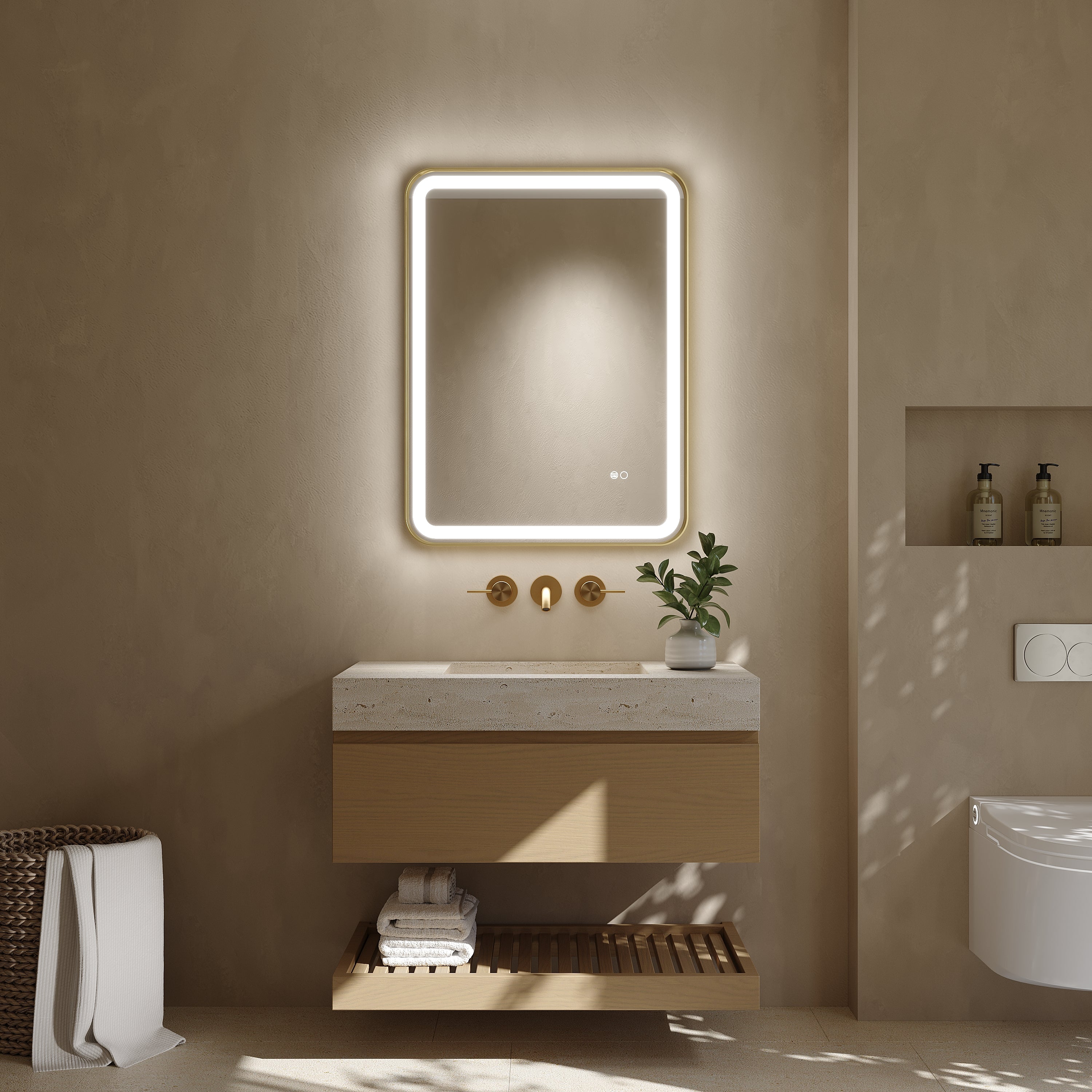 24 in. x 32 in. Framed LED Bathroom Mirror in Brushed Gold with Rounded Corners, Dimmable Lighted, Anti-Fog