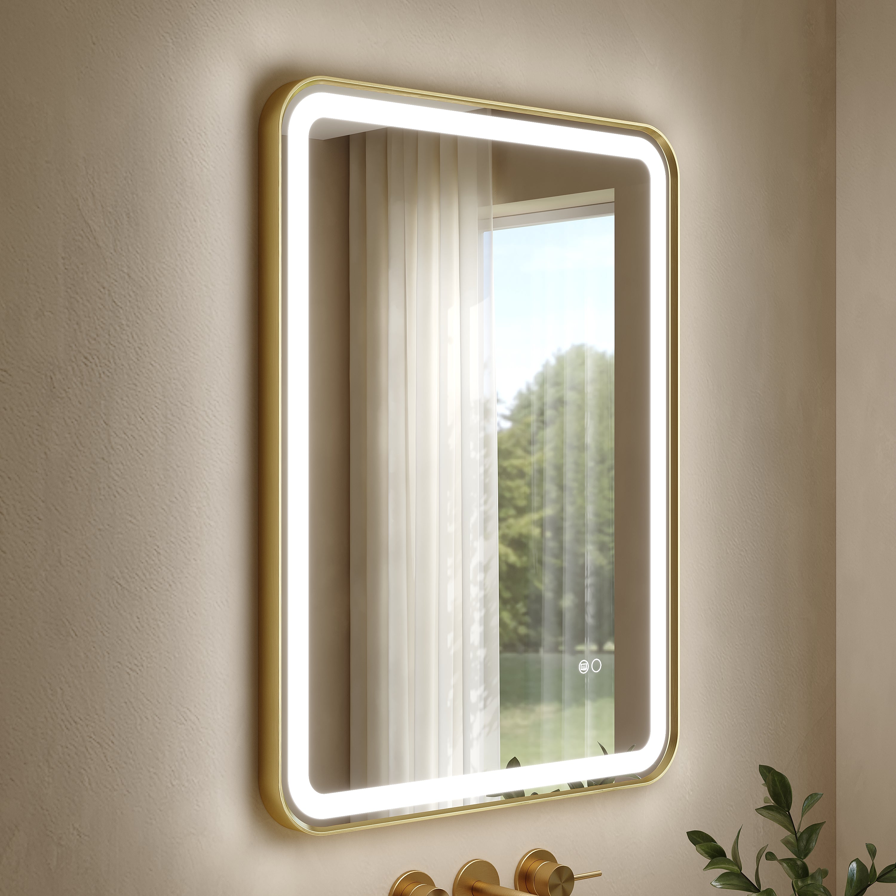 24 in. x 32 in. Framed LED Bathroom Mirror in Brushed Gold with Rounded Corners, Dimmable Lighted, Anti-Fog