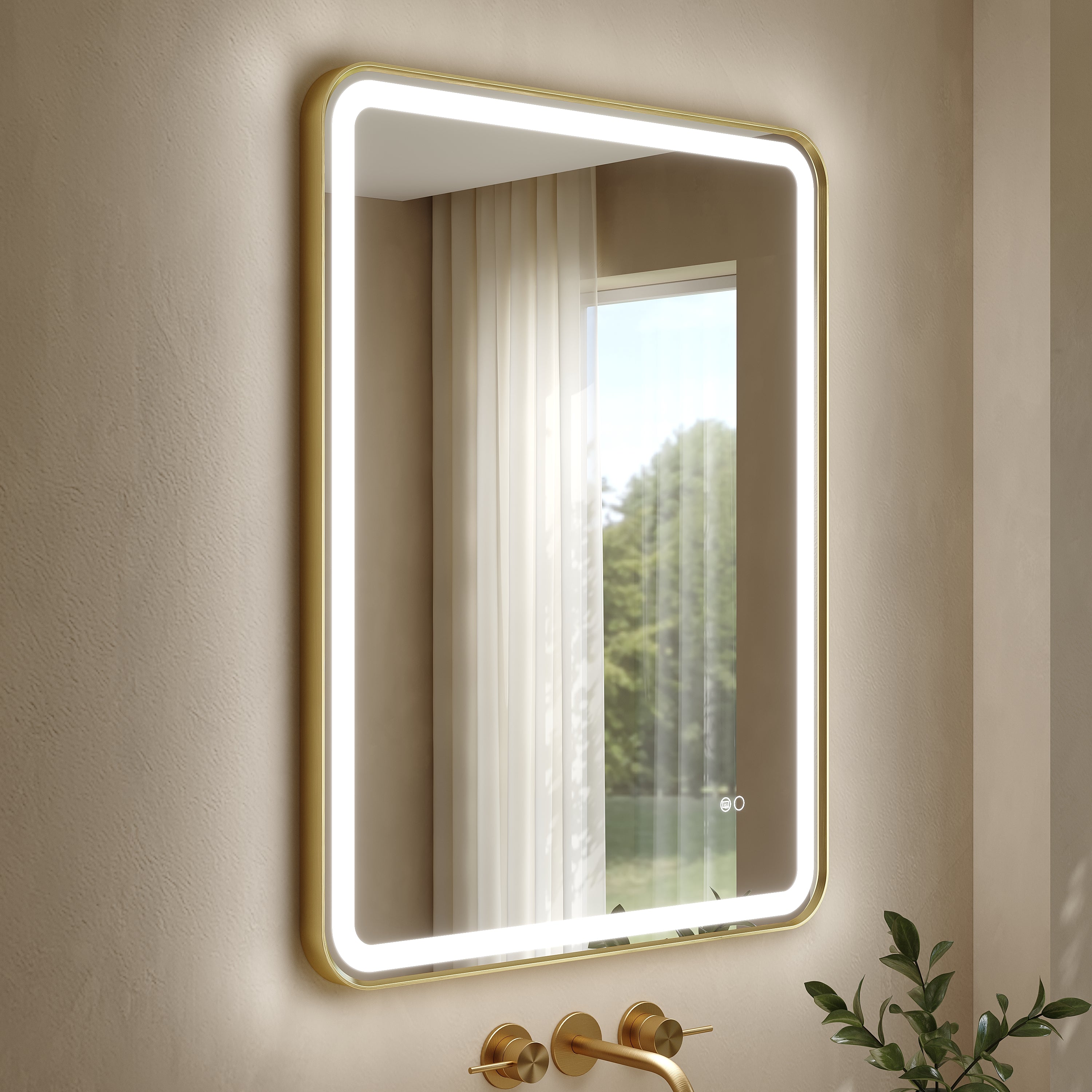 28 in. x 36 in. Framed LED Bathroom Mirror in Brushed Gold with Rounded Corners, Dimmable Lighted, Anti-Fog