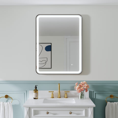 28 in. W x 36 in. H Framed LED Light Bathroom Vanity Mirror- Round Corners in Black