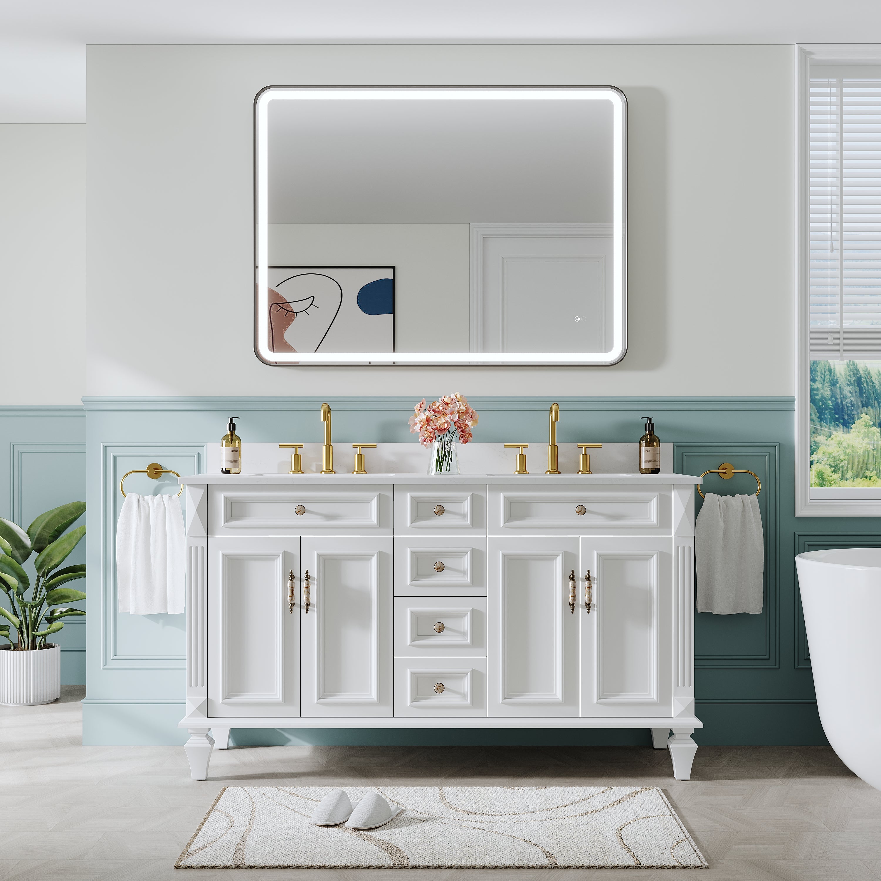 48 in. W x 36 in. H Framed LED Light Bathroom Vanity Mirror - Round Corners in Black