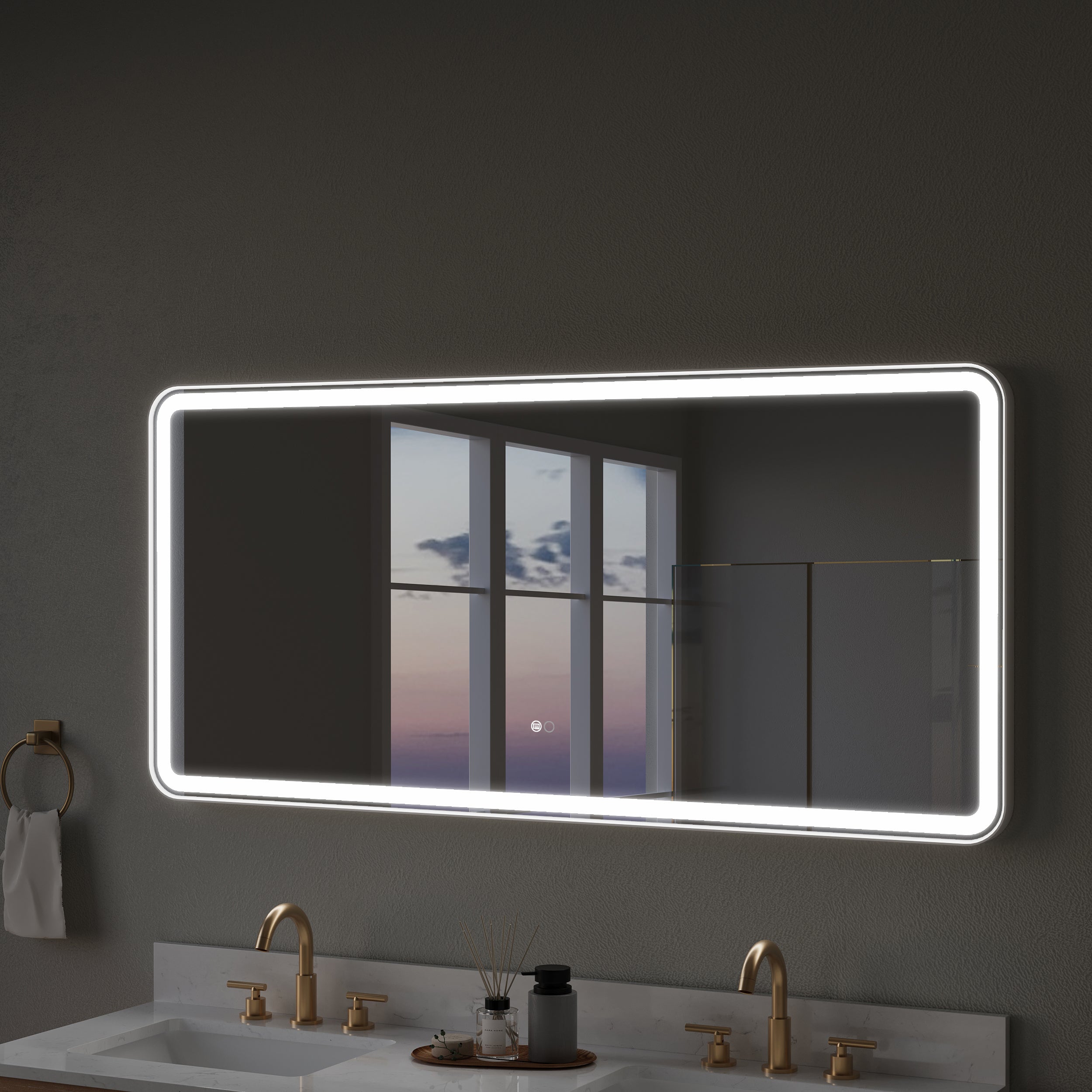 60 in. W x 28 in. H Framed Round Shaped Corners LED Light Bathroom Vanity Mirror in White