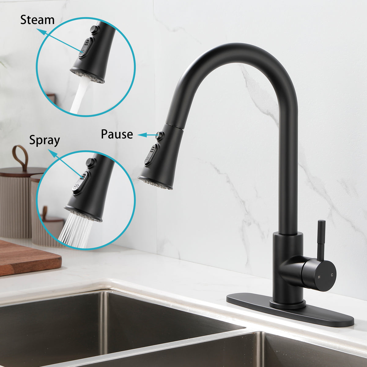 Classic High-Arc Pull-Down Kitchen Faucet with Dual-Function Spray Head & Retractable Hose, Single or 3-Hole Mount