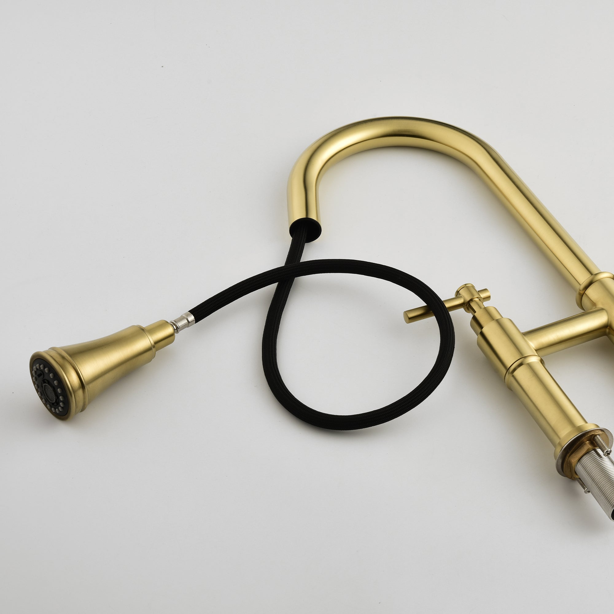 Double Handle Bridge Kitchen Faucet with Pull-Down Sprayhead