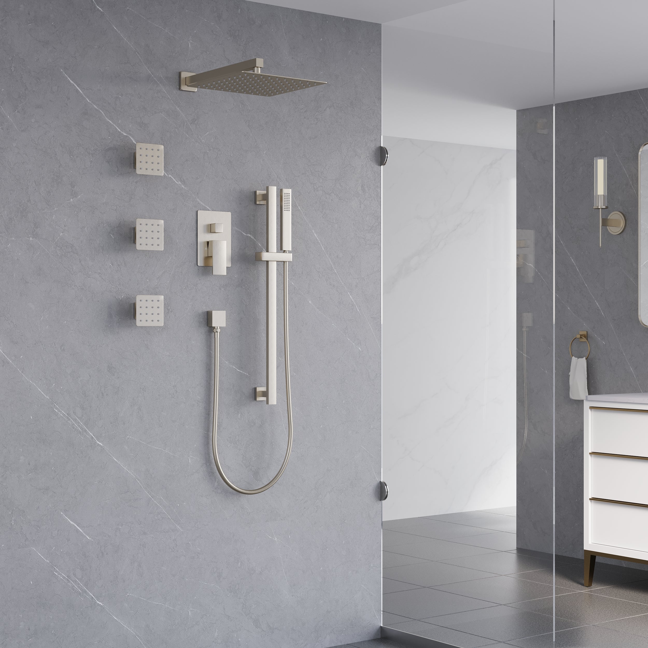 3-Function 12-Inch Square Shower System with Rain Head, Sliding Bar & Body Jets, Concealed Pressure Balance Valve, 304 Stainless Steel