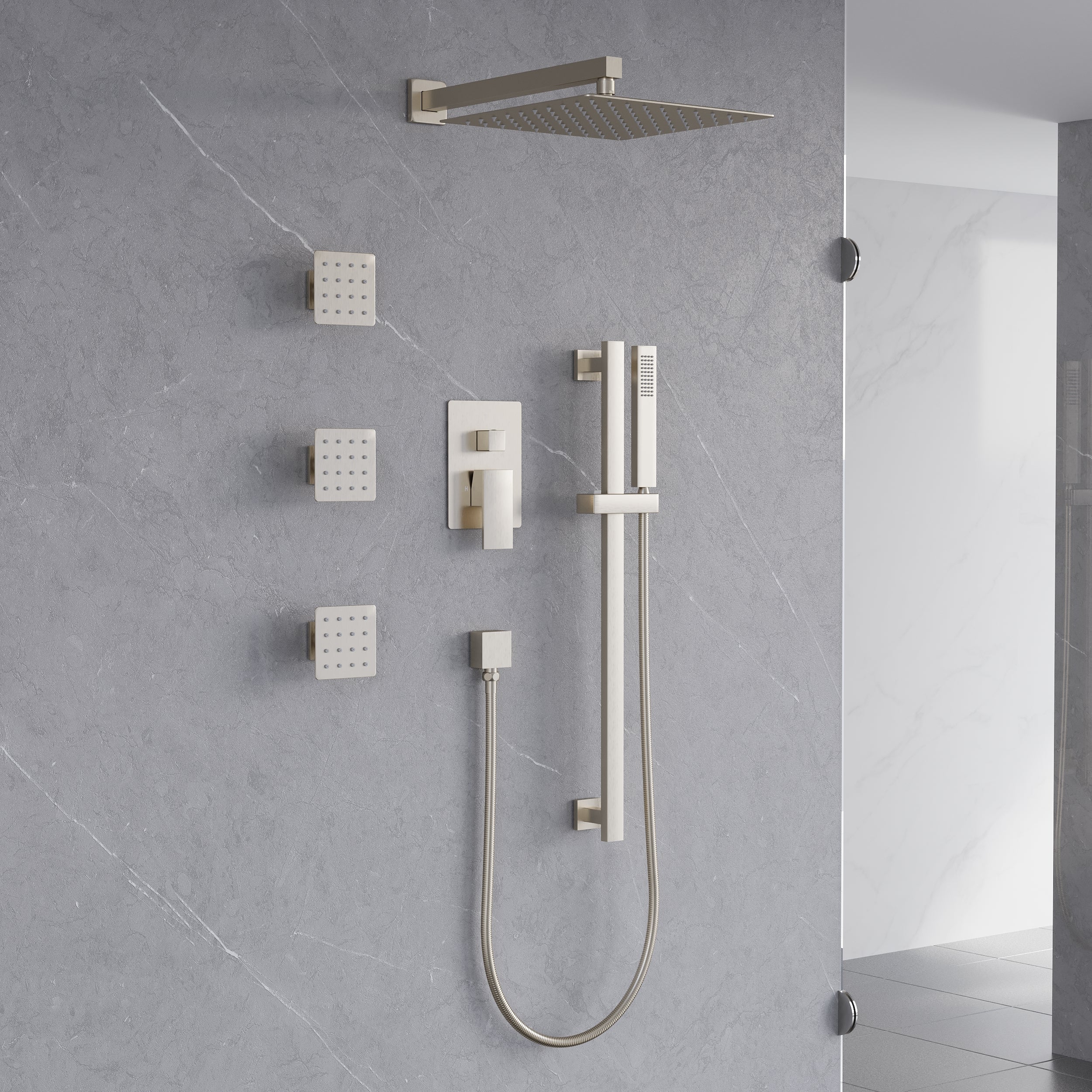 3-Function 12-Inch Square Shower System with Rain Head, Sliding Bar & Body Jets, Concealed Pressure Balance Valve, 304 Stainless Steel