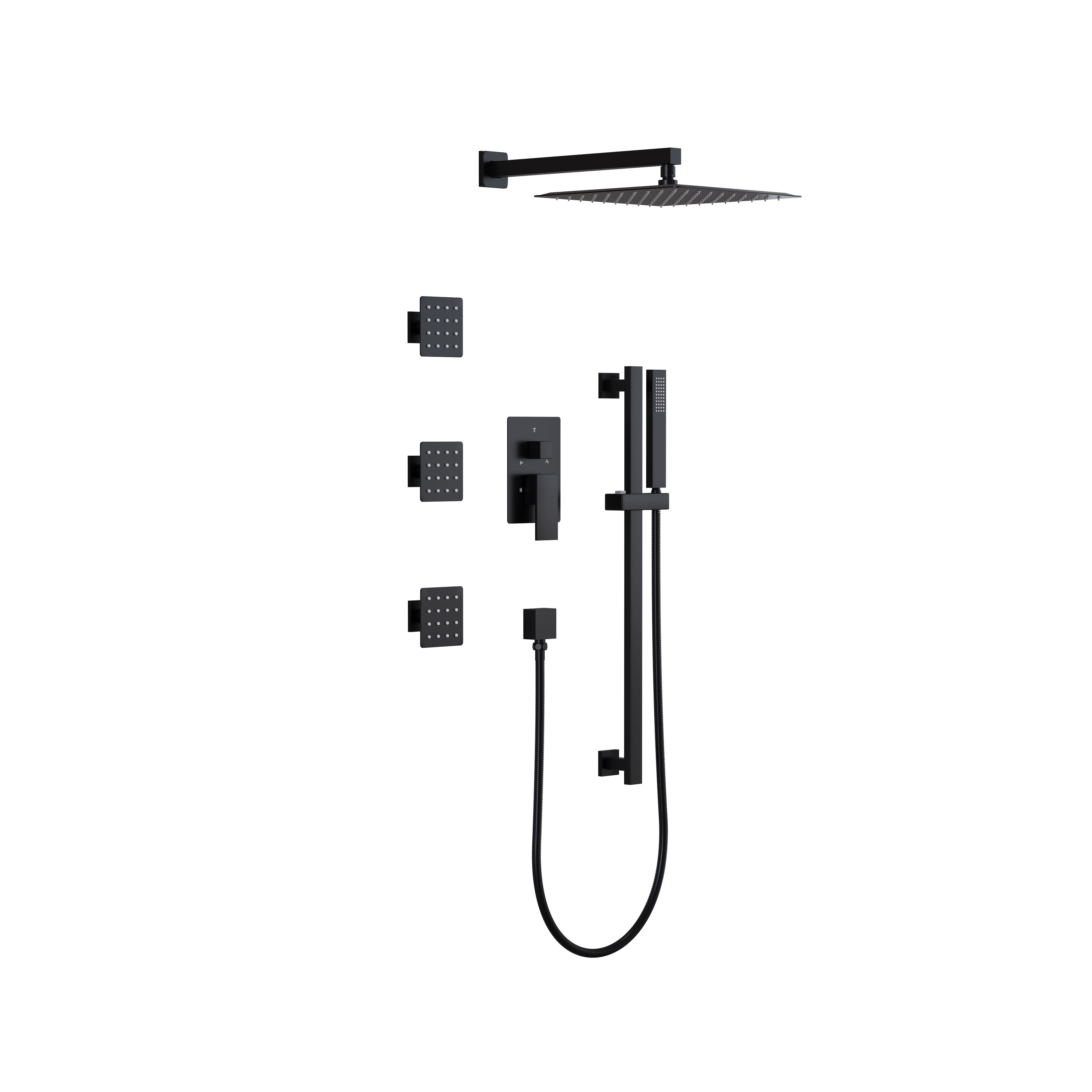 3-Function 12-Inch Square Shower System with Rain Head, Sliding Bar & Body Jets, Concealed Pressure Balance Valve, 304 Stainless Steel