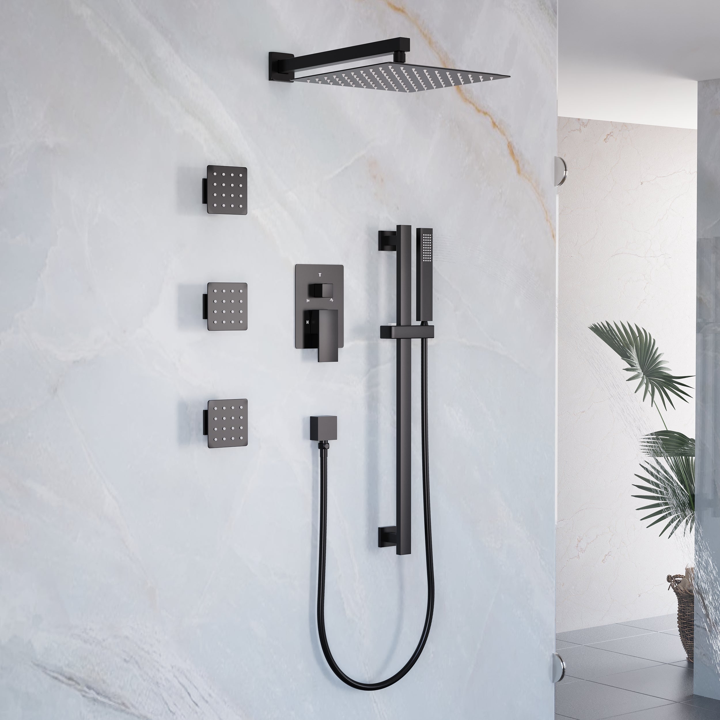 3-Function 12-Inch Square Shower System with Rain Head, Sliding Bar & Body Jets, Concealed Pressure Balance Valve, 304 Stainless Steel