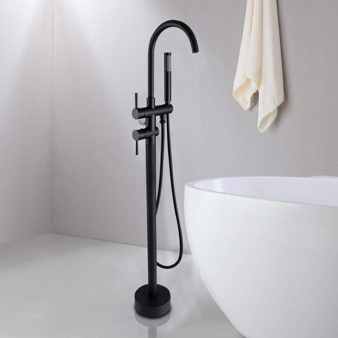 2-Handle Free Standing Floor Mount Bathroom Tub Faucets with Handheld Shower in Matte Black