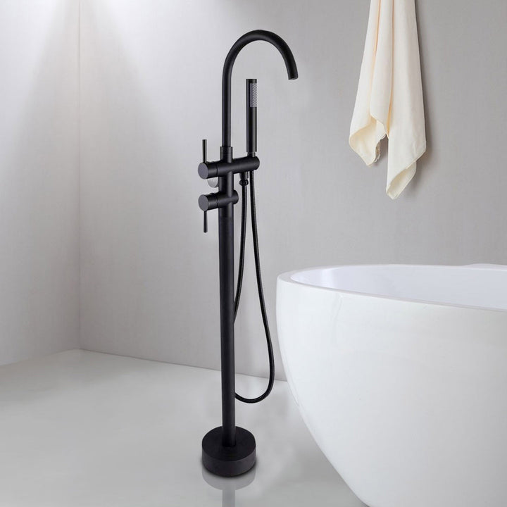 2-Handle Free Standing Floor Mount Bathroom Tub Faucets with Handheld Shower in Matte Black