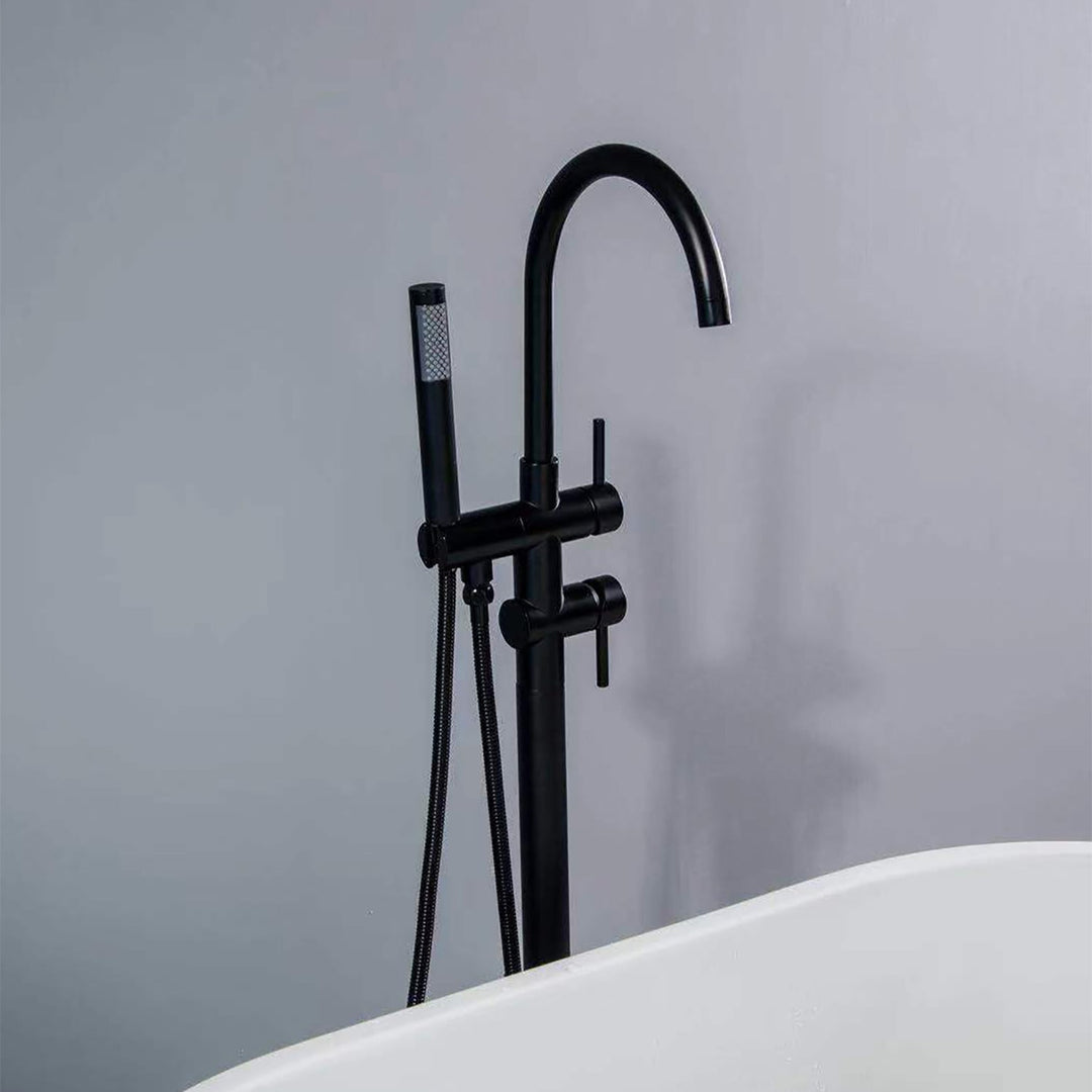 2-Handle Free Standing Floor Mount Bathroom Tub Faucets with Handheld Shower in Matte Black