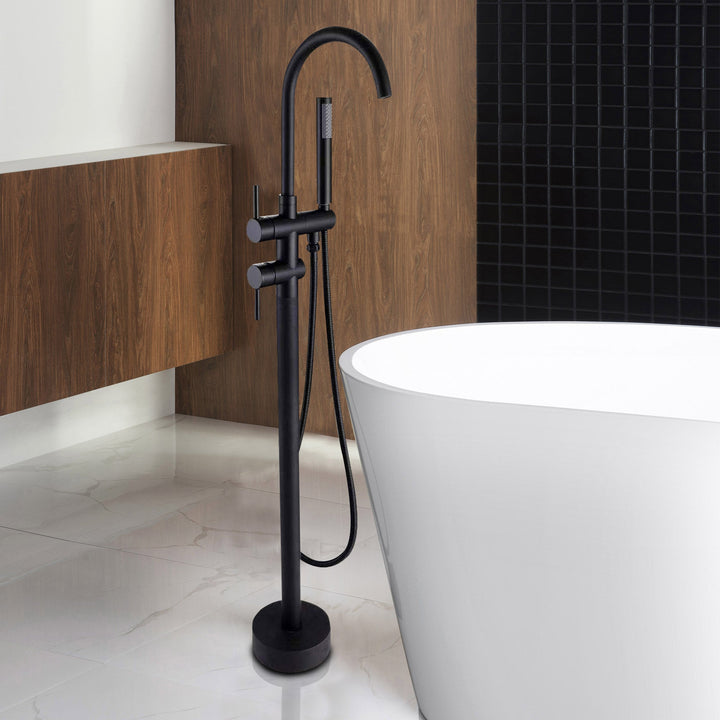 2-Handle Free Standing Floor Mount Bathroom Tub Faucets with Handheld Shower in Matte Black