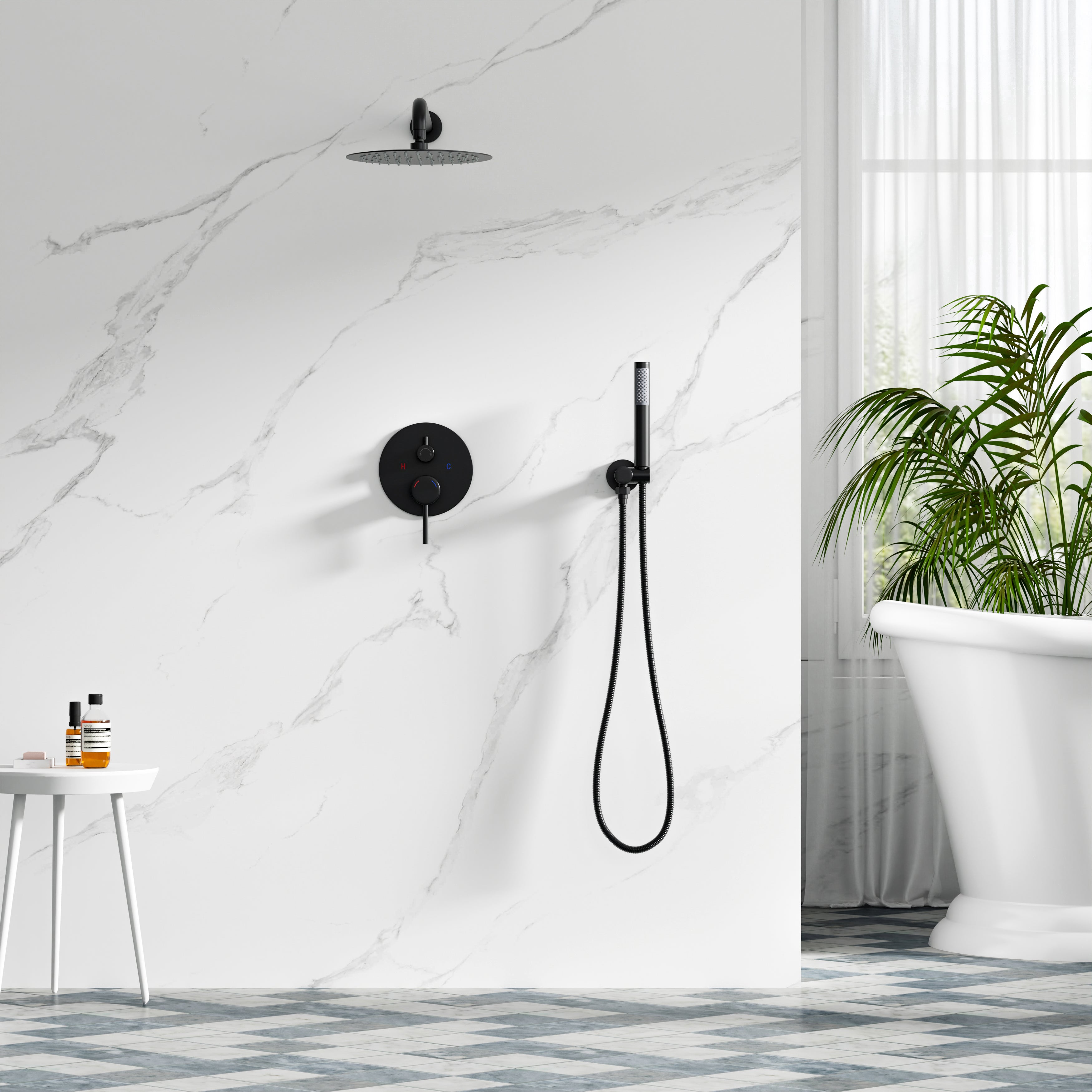 10 inch 1-Spray Patterns with 1.5 GPM Wall Mounted Dual Shower Heads in Matte Black (Valve Included)