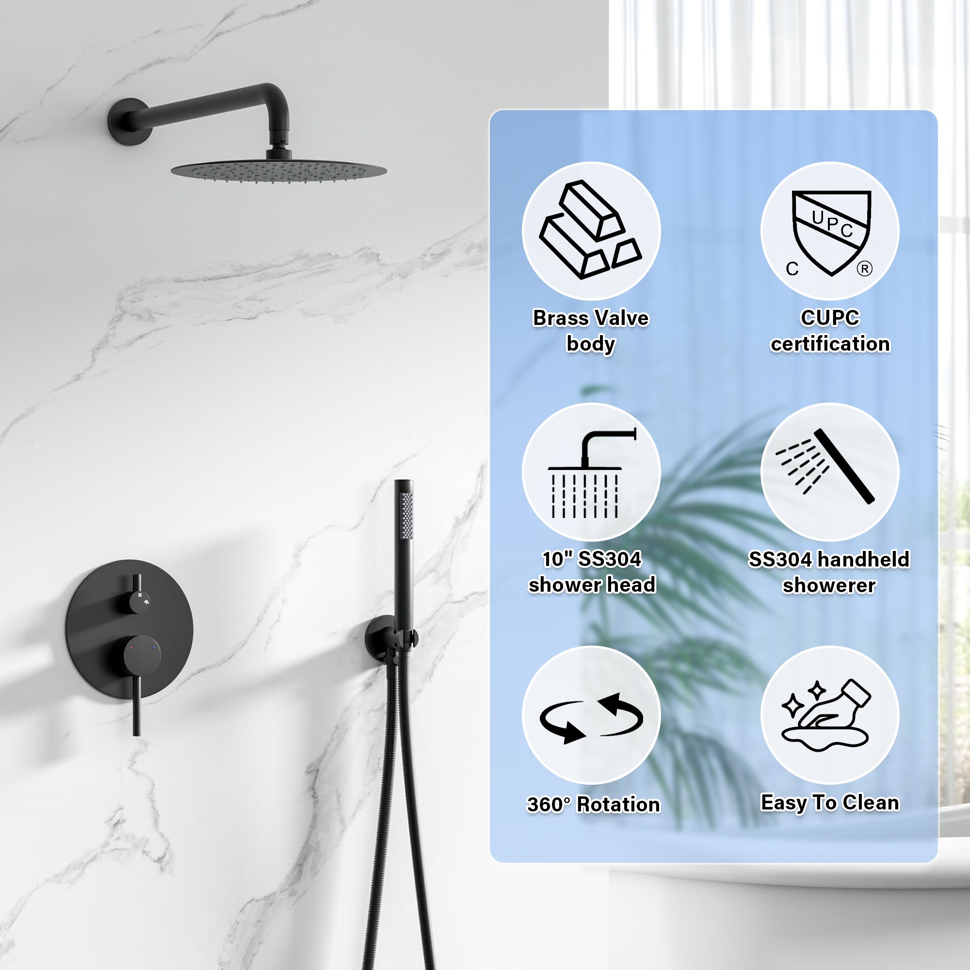 10-Inch Wall Mounted Shower System with Rainfall & Handheld, Matte Black