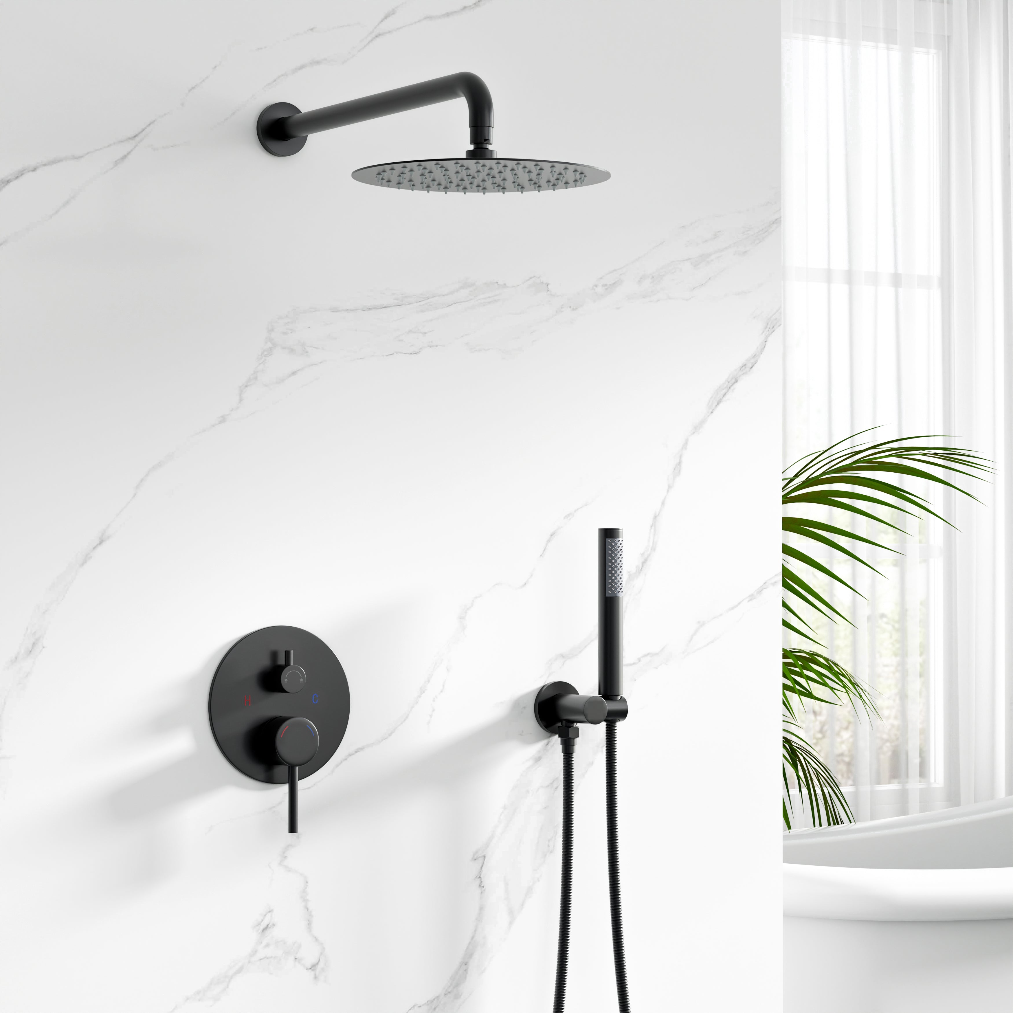 10 inch 1-Spray Patterns with 1.5 GPM Wall Mounted Dual Shower Heads in Matte Black (Valve Included)