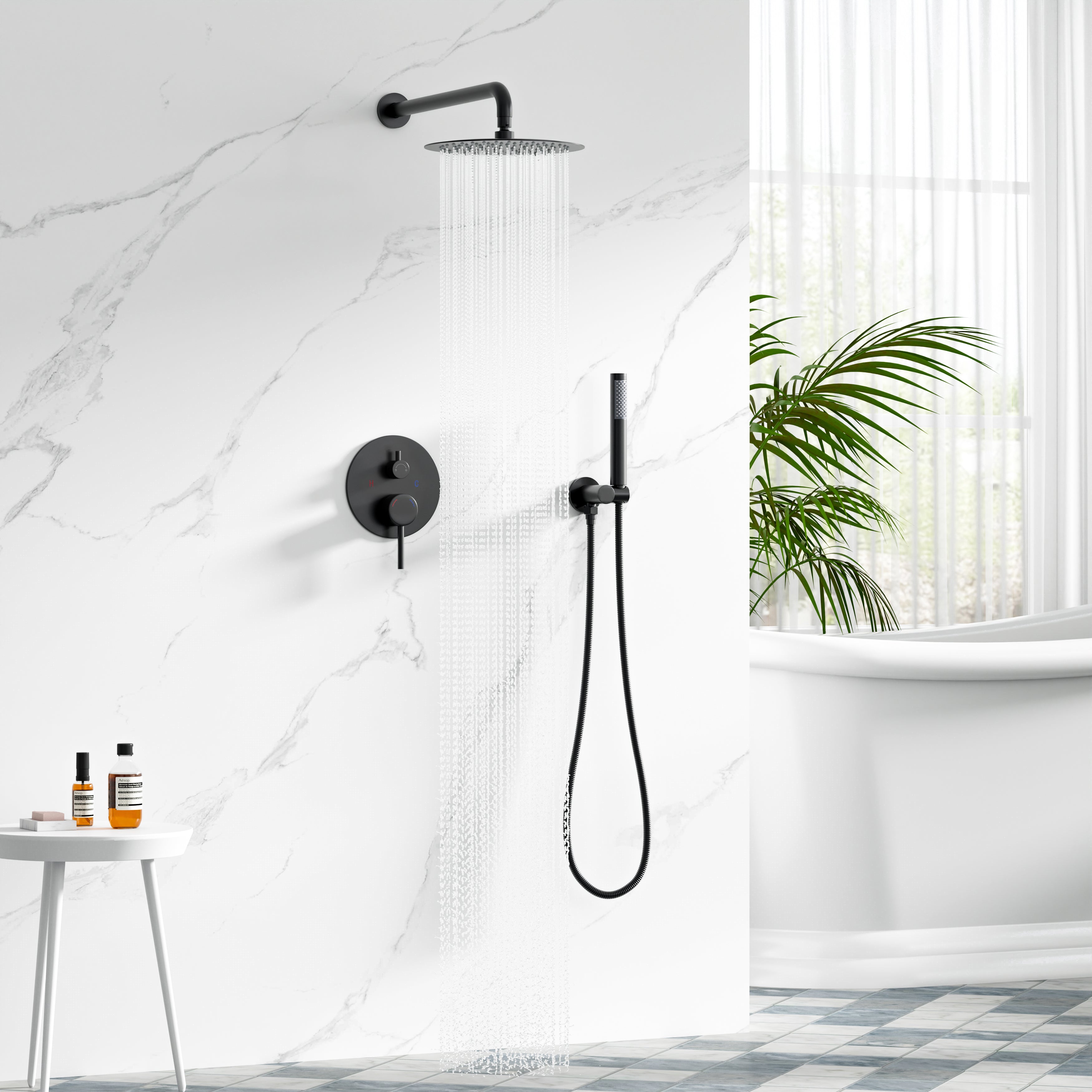 10 inch 1-Spray Patterns with 1.5 GPM Wall Mounted Dual Shower Heads in Matte Black (Valve Included)