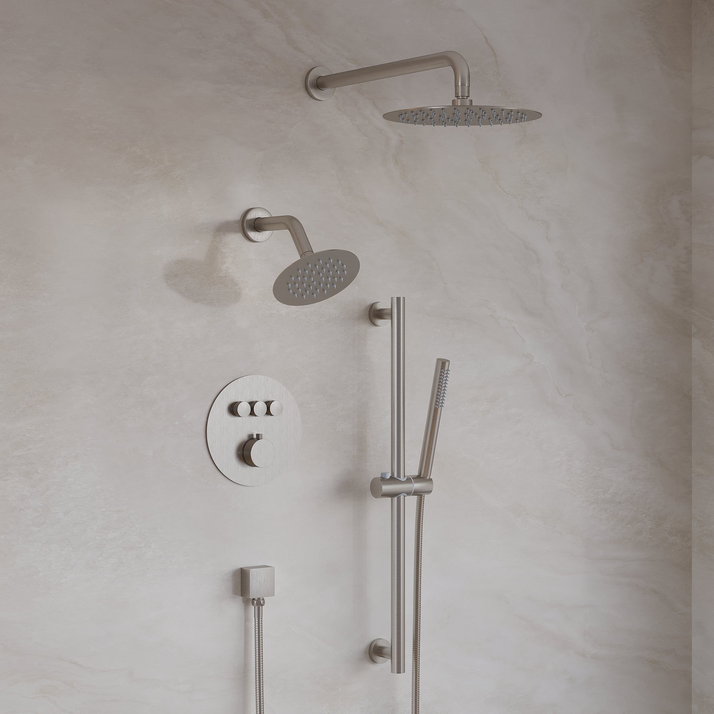 3-Function Thermostatic Stainless Steel Shower System with Dual Mounting Options Wall-Mounted & Ceiling-Mounted, Sliding Bar, 10" Round Overhead Shower