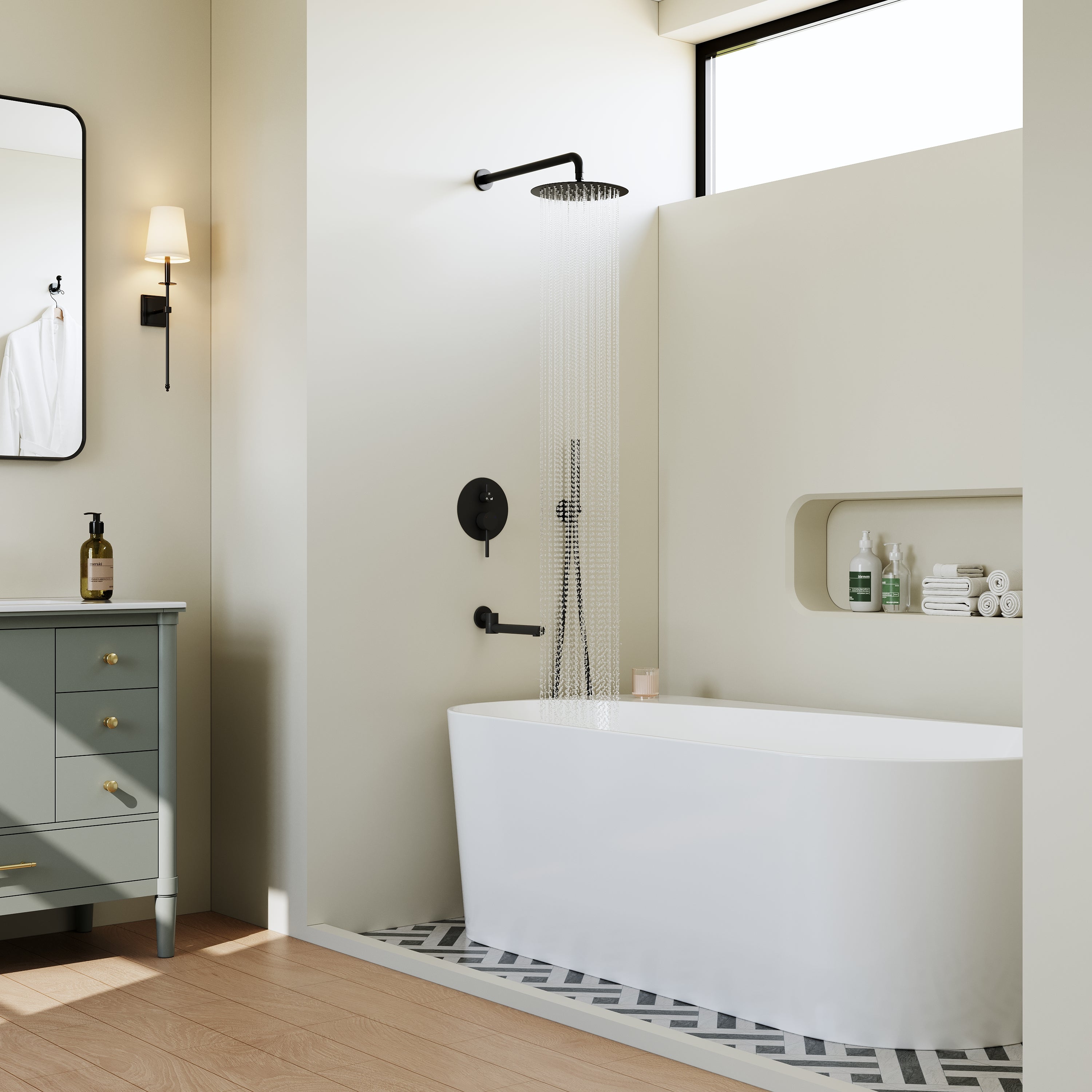 3-Function Shower System with 10-Inch Rain Shower Head, Adjustable Tub Spout, Hand shower, 304 SS